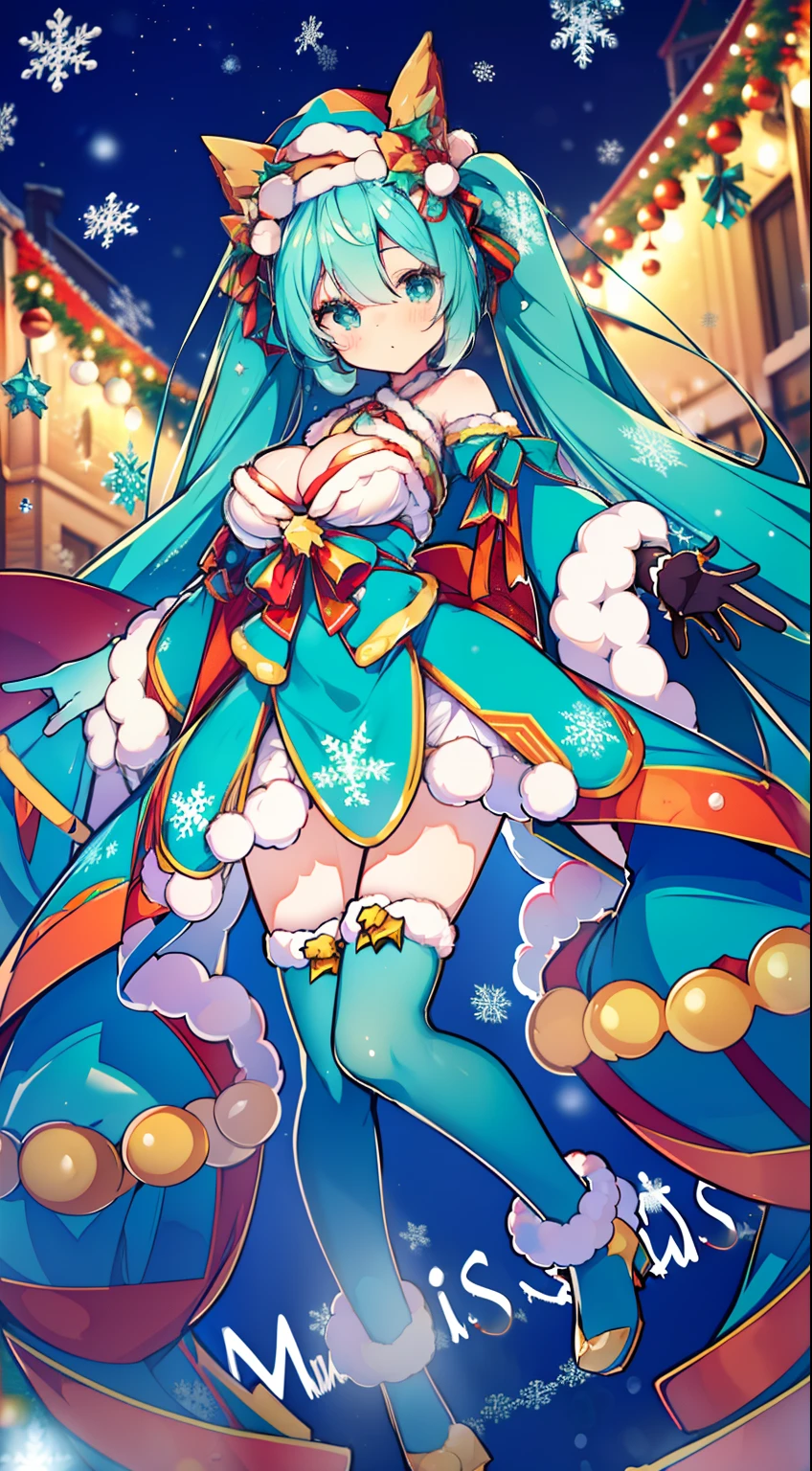 Hatsune Miku in a Christmas costume、Stand in a brilliant pose, ((Christmas costume based on blue:1.2)), The cityscape spreads out in the background.、It's like a stage。 Looking over the woman's whole body、Be mesmerized by her beauty。 In the festive mood of Christmas、Her charm is further enhanced。((large full breasts)) ((Christmas Costumes))