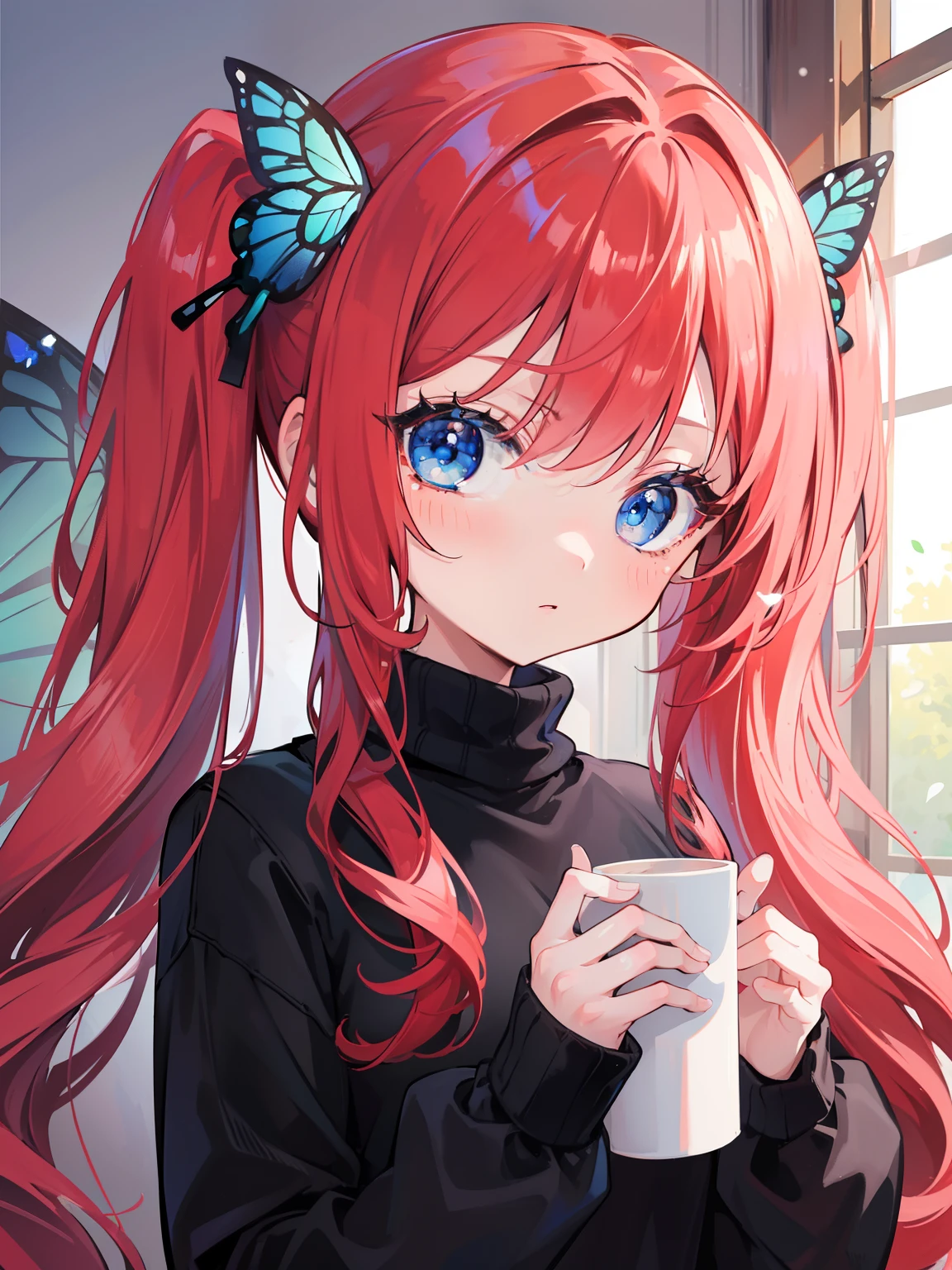 {{best quality}}, {{masterpiece}}, {{ultra-detailed}}, {illustration}, {detailed light}, red hair, blue eyes, girl, little girl, butterfly, sweater, long sleeve, black sweater,Twintails,loli,cute,Kawaii