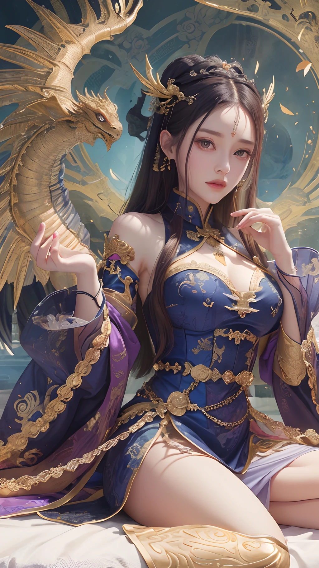 female emperor，Domineering，Wearing exquisite imperial robes from ancient China， Majestic and domineering，Sharp eyes，，There is a dragon on the left-hand side，There is a phoenix on the right-hand side，Dragon Flying Phoenix Dance，Perfect light， Clear face， perfect  detail， perfect compositions，  Detailed details， 8K，the complex background， perfect  detail， 16k，detailed meticulous，delicated，Wu Zetian type，