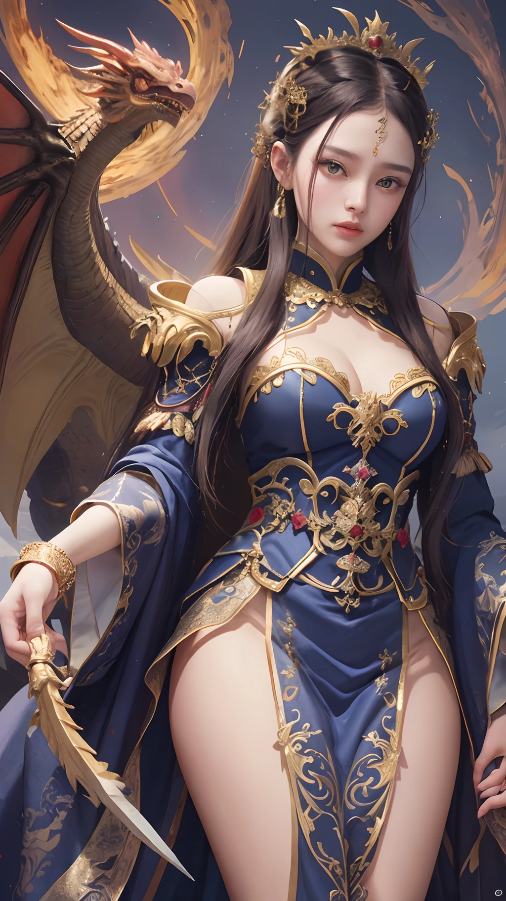 The Dragon Empress (1 woman, long black hair, blue eyes, white skin, medium breasts, makeup, lots of shine, dark eyelashes, dark shadow, perfect nose), fantasy medieval Korea, masterpiece, best quality, 8k, sharp focus, chromatic aberration, best shadows, perfect lights, HDR, realistic skin texture, hyper detailed background, photorealistic, RAW photo, bright body, insanely detailed, sexy lewd, (ecchi:  1,5), royal tiara, long fingerless gloves, wearing a sexy Hanbok, shoulders showing, (turning into dragon, symmetrical dragon wings), night, magic lights, light rays, fantasy visual effects (long angle shot), on a mountain