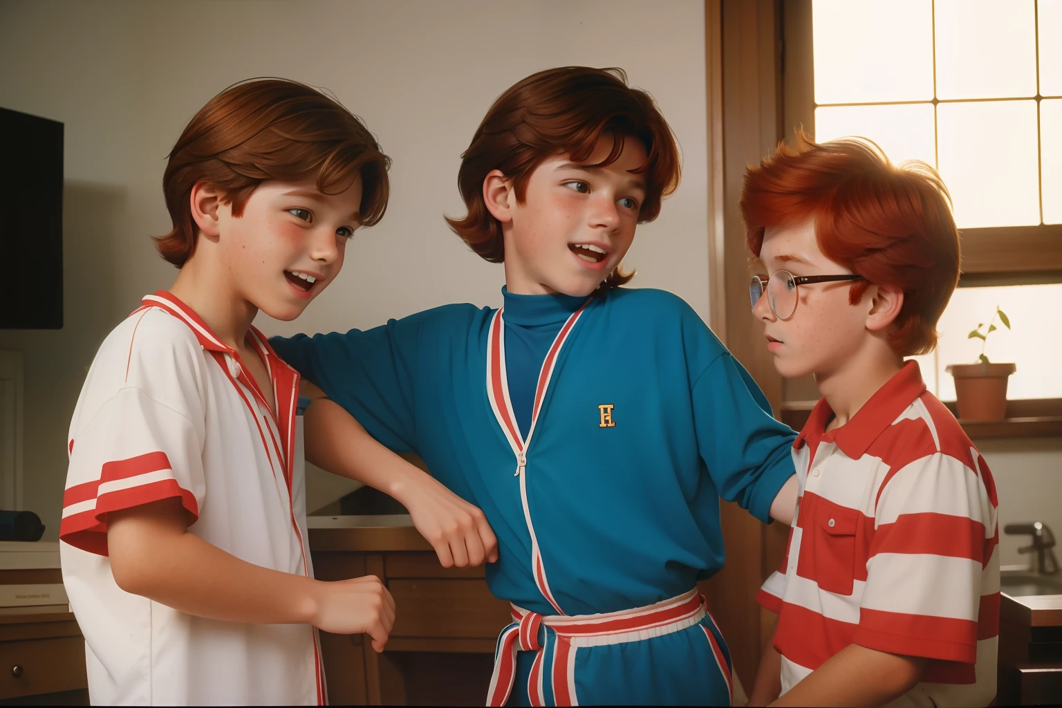 12-year-old boy, redhead, freckles, glasses, 1980s