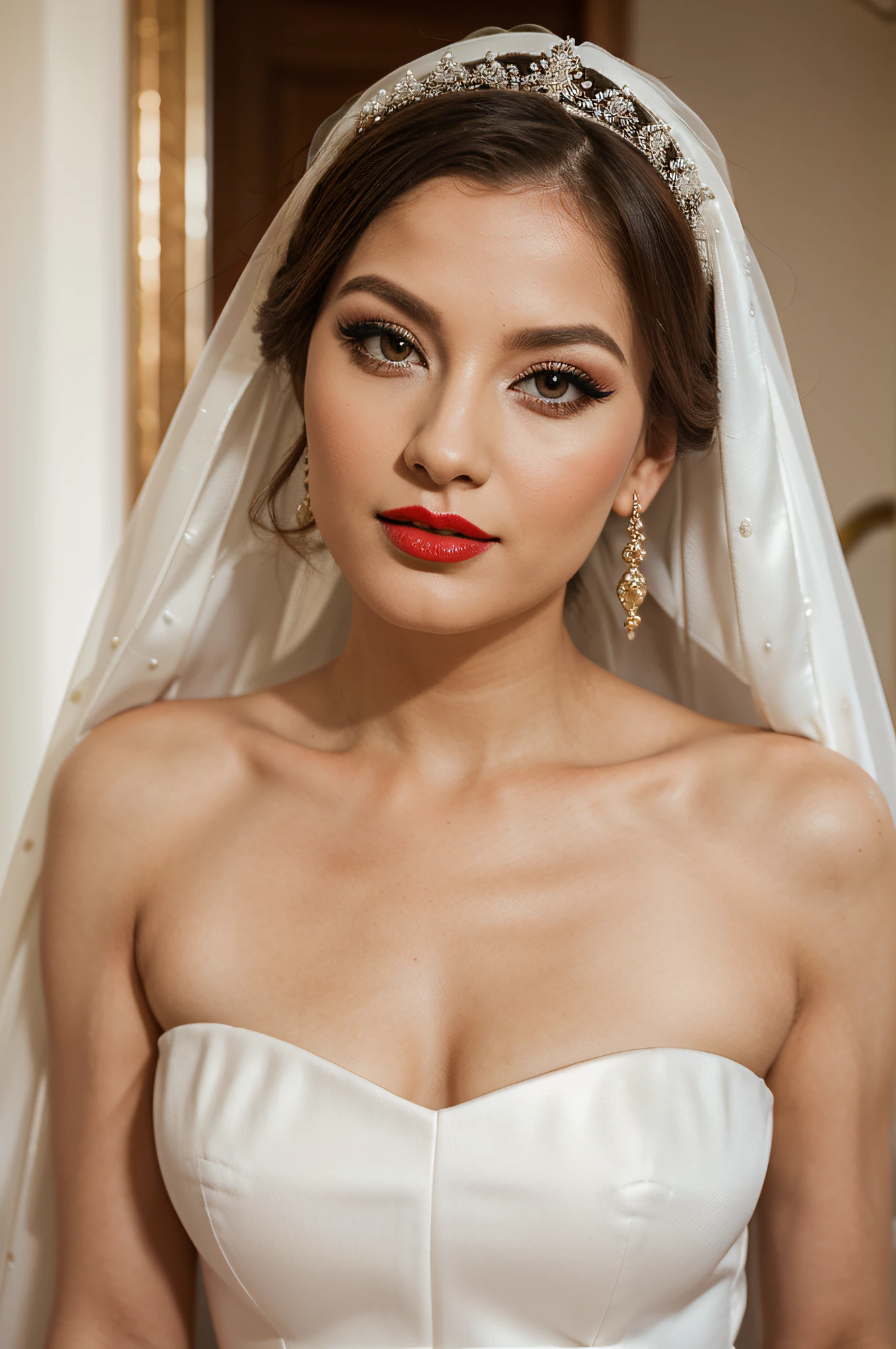 european bride makeup, wearing bridal white dress, makeup,eyeliner, red lips