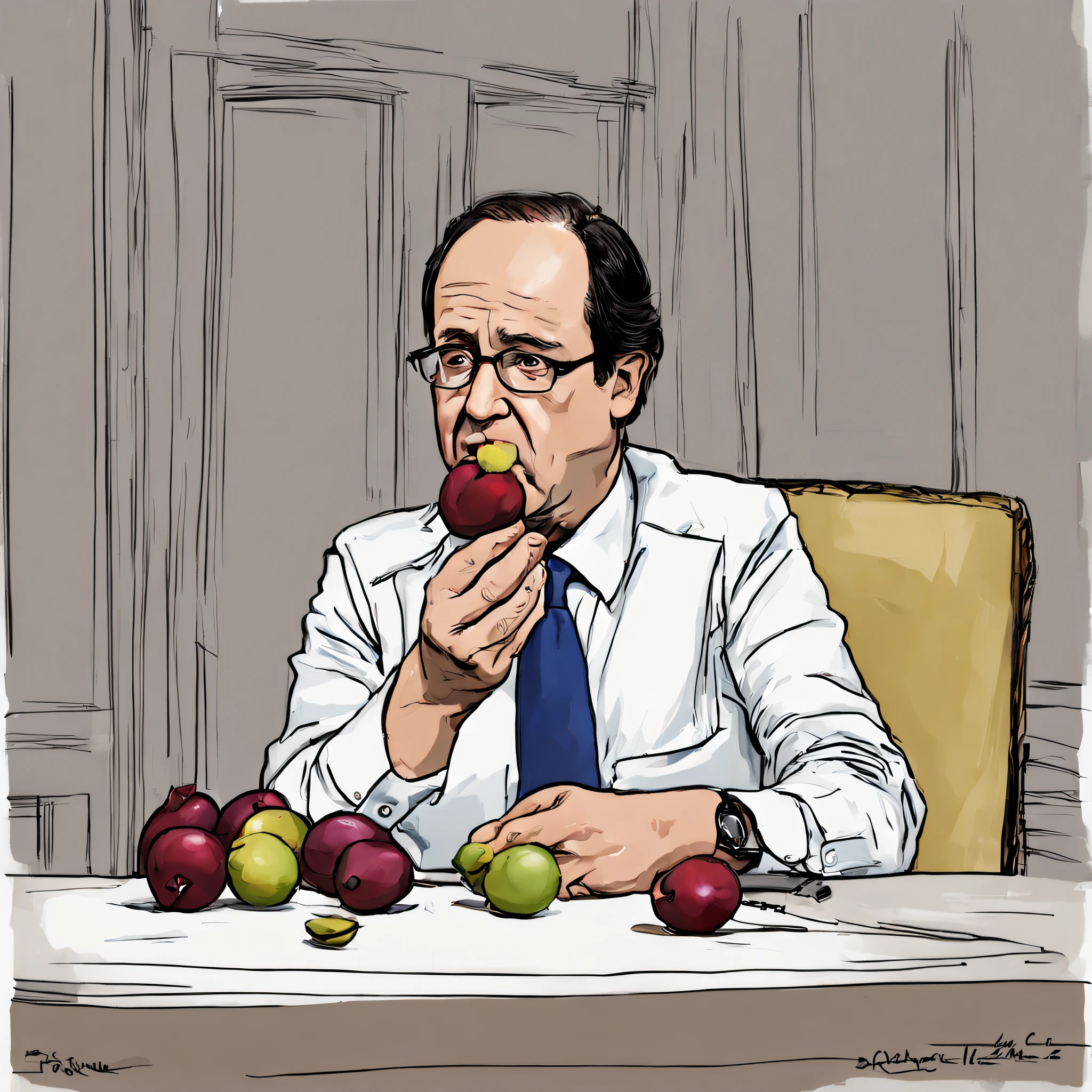dessin en couleur, François Hollande eating a plum
