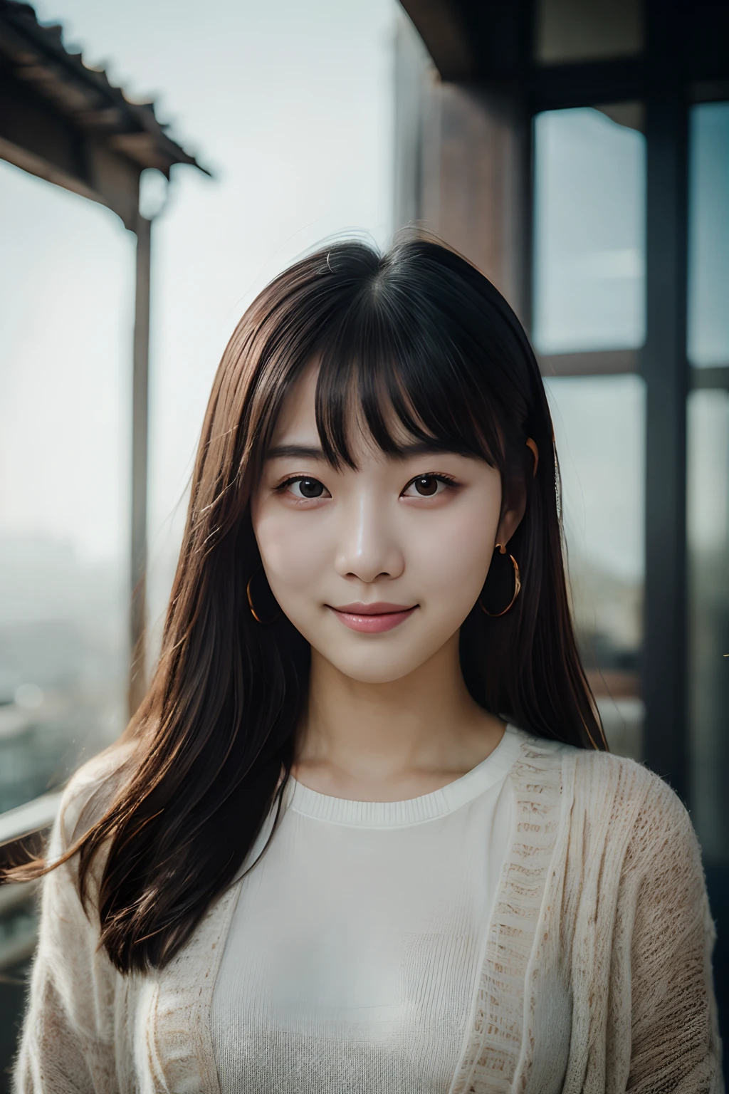Best quality, masterpiece, ultra high res, (photorealistic:1.4), raw photo, (RAW photo, best quality), (realistic, photo-realistic:1.3), extremely delicate and beautiful Korean woman, Amazing, finely detail, masterpiece, ultra-detailed, highres, best illustration, best shadow, intricate, depth of field, sharp focus, volumetric fog, 8k UHD, DSLR, high quality,( film grain:1.4), Canon EOS RP, 8k, 85mm, looking at viewer, solo, 1girl, (warm smile)