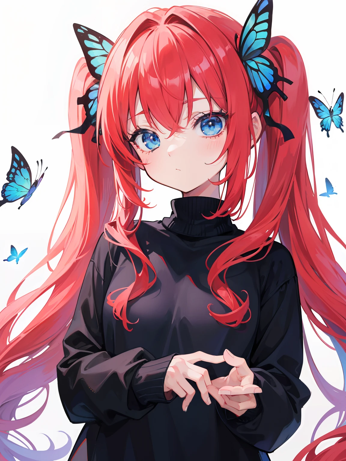 {{best quality}}, {{masterpiece}}, {{ultra-detailed}}, {illustration}, {detailed light}, red hair, blue eyes, girl, girl, butterfly, sweater, long sleeve, black sweater,Twintails,loli,cute,Kawaii