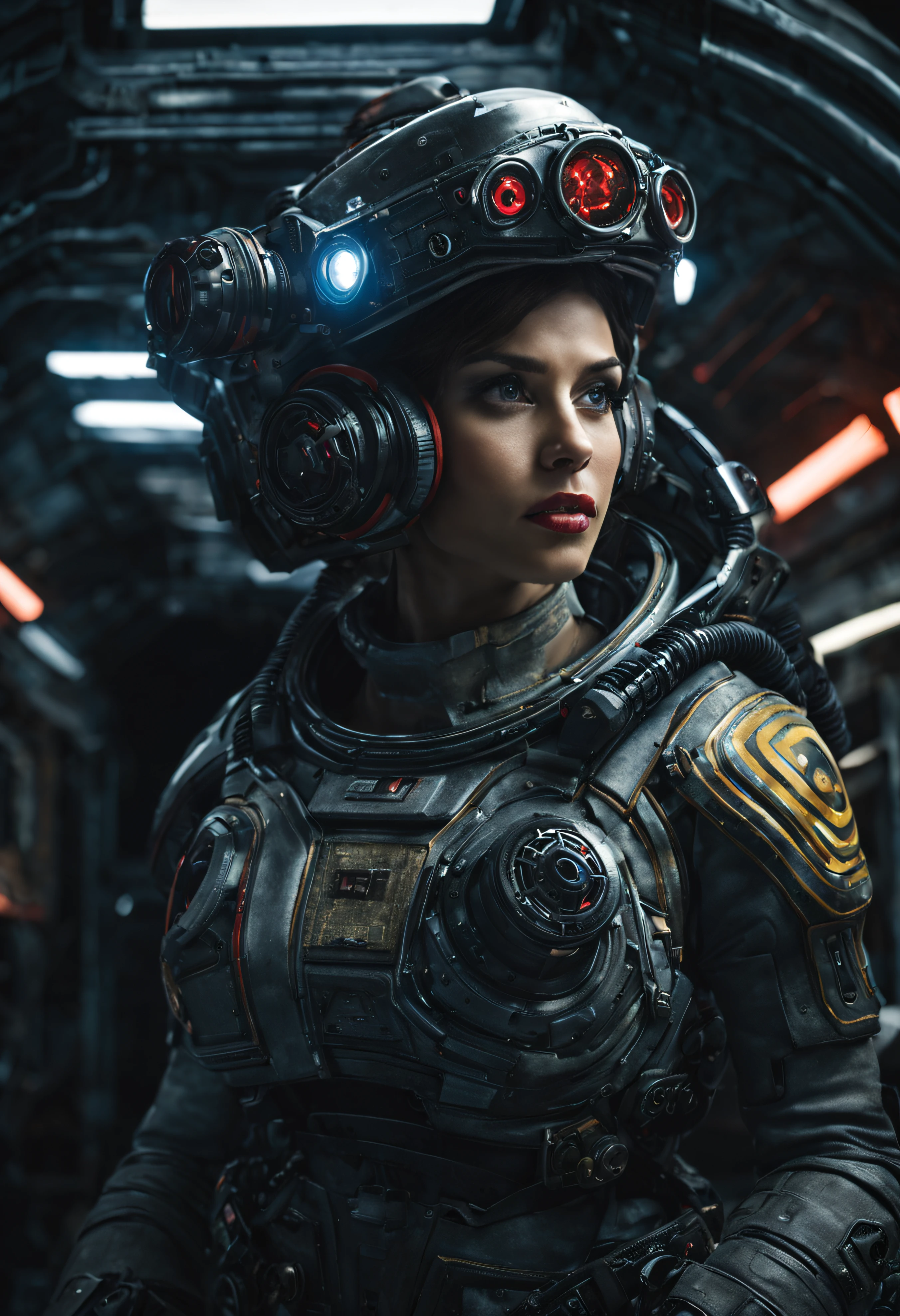 mujer alienigena extraterrestre, considerada como una de las razas mas bellas de la galaxia, con una cara, ojos y labios sensuales, vestida con uniforme sexy de gears of war, ((se encuentra en centro de control de estacion espacial)). hiperrealista, imagen nitida, 8k. imagen cinematografica. (intrincados detalles de la maquina), (obra maestra de calidad superior).