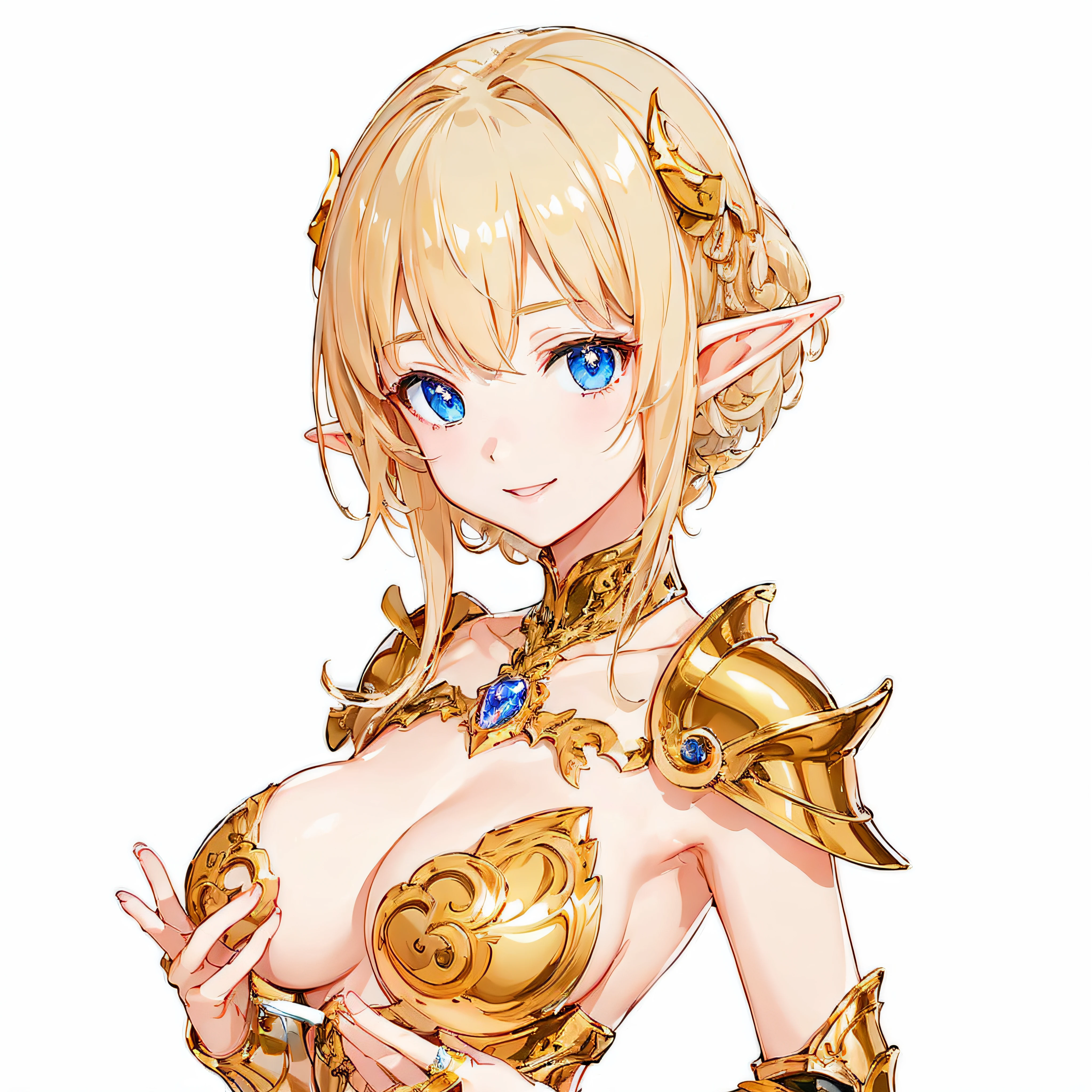 masterpiece、top-quality、ighly detailed、hight resolution、16k、fullnude、Boob proportions、golden armour、Very thin skirt、Full body like、Very white skin、Beautiful fingers、Anime girl with very big breasts posing naked、Perfect Style、elvish、no-bra、Blonde blue-eyed、A smile、An elf girl