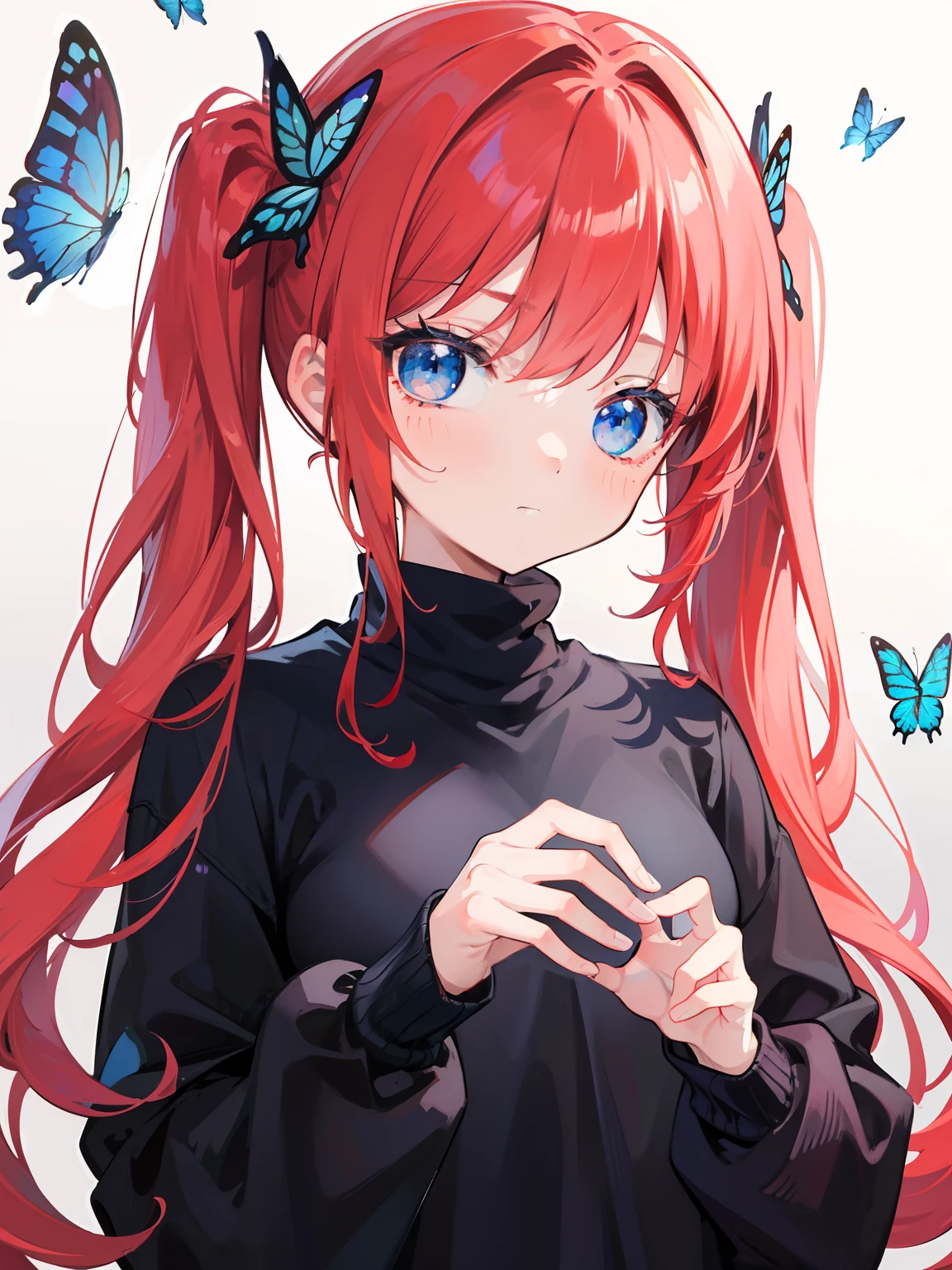 {{best quality}}, {{masterpiece}}, {{ultra-detailed}}, {illustration}, {detailed light}, red hair, blue eyes, girl, , butterfly, sweater, long sleeve, black sweater,Twintails,loli,cute,Ki