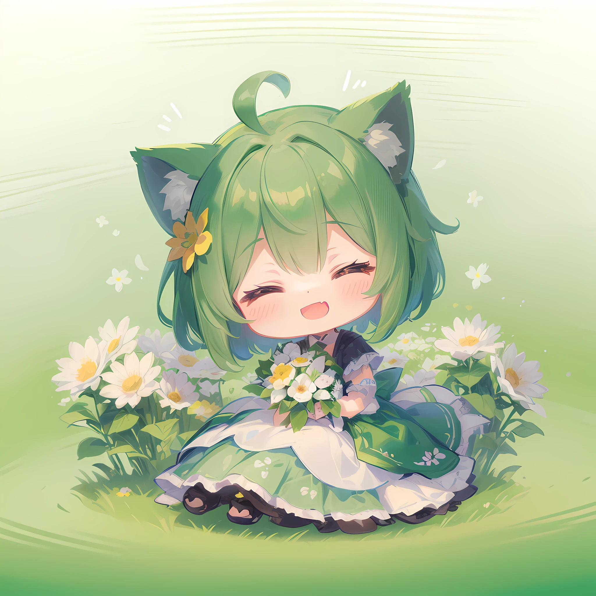(((masterpiece))), best quality, extremely detailed, anime, (hold a bouquet), (dress:1.3), (green short hair:1.2), (green cat ear), (((a girl))), (((solo))), happy, closed eyes, full body, ahoge, (((deformed))), (((chibi character))), (floral background), (light green background), (flower field),