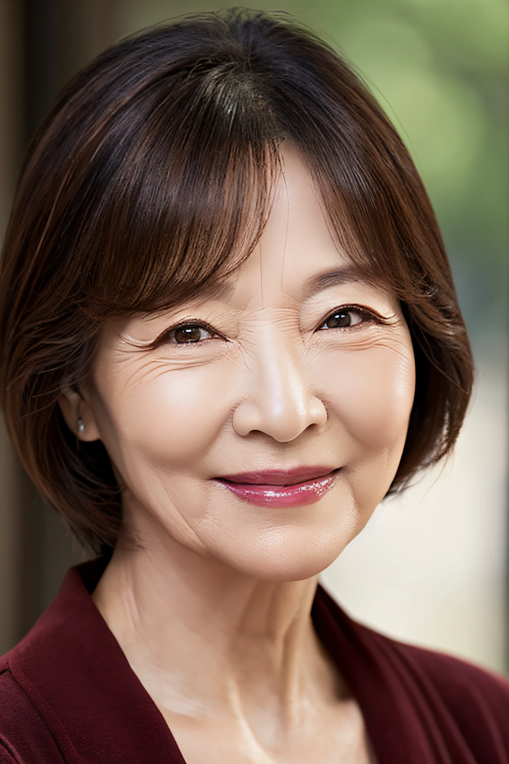 sixty years old,Deep wrinkles on the forehead,Wrinkles around the eyes,Dark wrinkles like an old lady,Wrinkles in the mouth,Deep wrinkles,from the chest up,The face is facing forward,Hair fits on the screen,Best Quality, Ultra-detailed, Photorealistic, super detailed skin,Korea person,A smile,short-hair,Solo