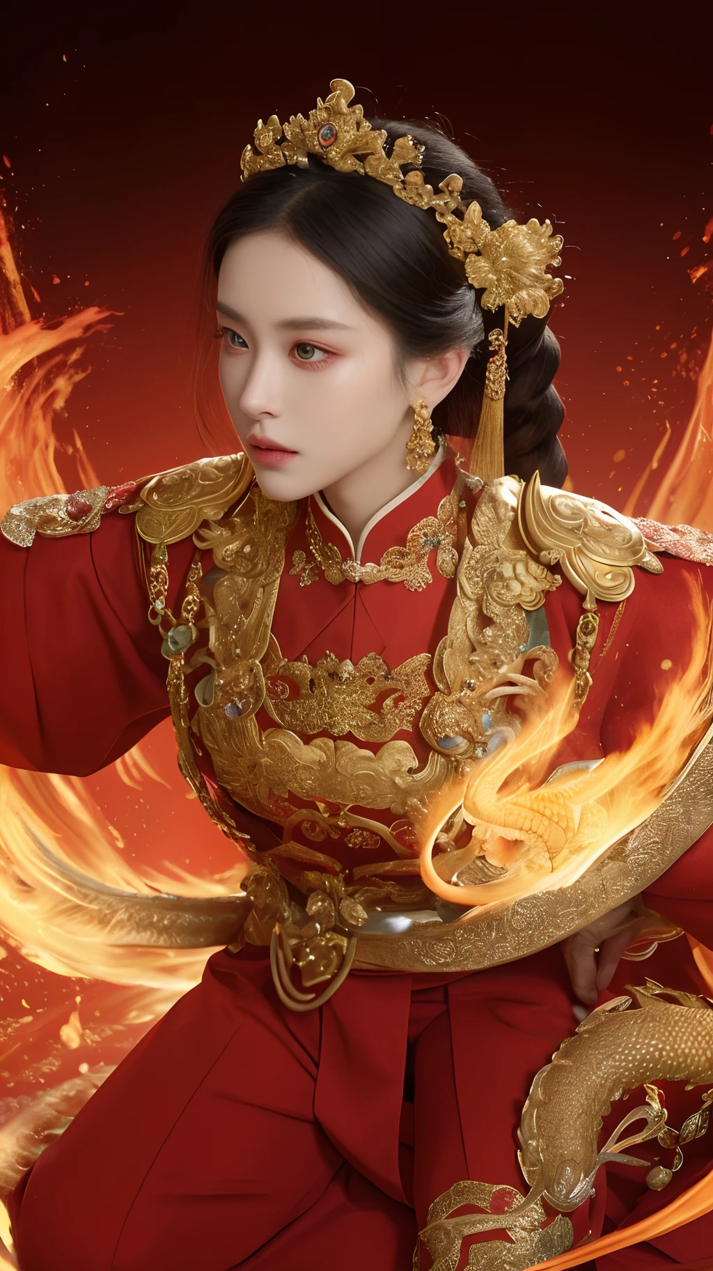 female emperor，Domineering，Wearing exquisite imperial robes from ancient China， Majestic and domineering，Sharp eyes，，There is a dragon on the left-hand side，There is a phoenix on the right-hand side，Dragon Flying Phoenix Dance，Perfect light， Clear face， perfect  detail， perfect compositions，  Detailed details， 8K，the complex background， perfect  detail， 16k，detailed meticulous，delicated，Wu Zetian type，