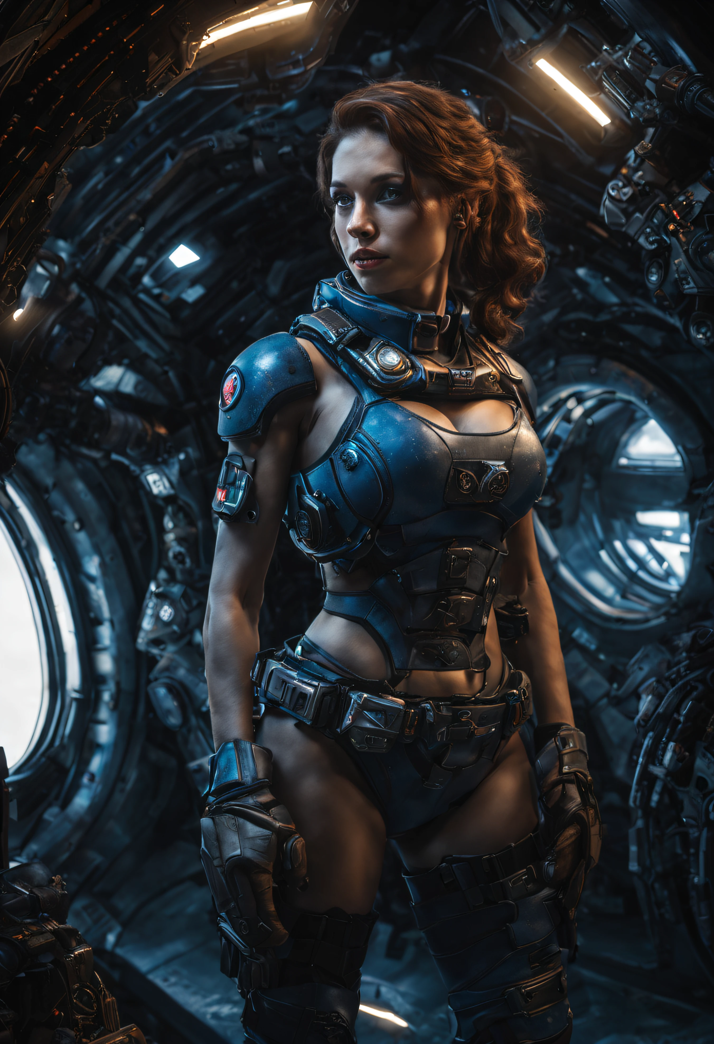 mujer alienigena extraterrestre, considerada como una de las razas mas bellas de la galaxia, con una cara, ojos y labios sensuales, vestida con uniforme sexy de gears of war, ((se encuentra en centro de control de estacion espacial)). hiperrealista, imagen nitida, 8k. imagen cinematografica. (intrincados detalles de la maquina), (obra maestra de calidad superior).