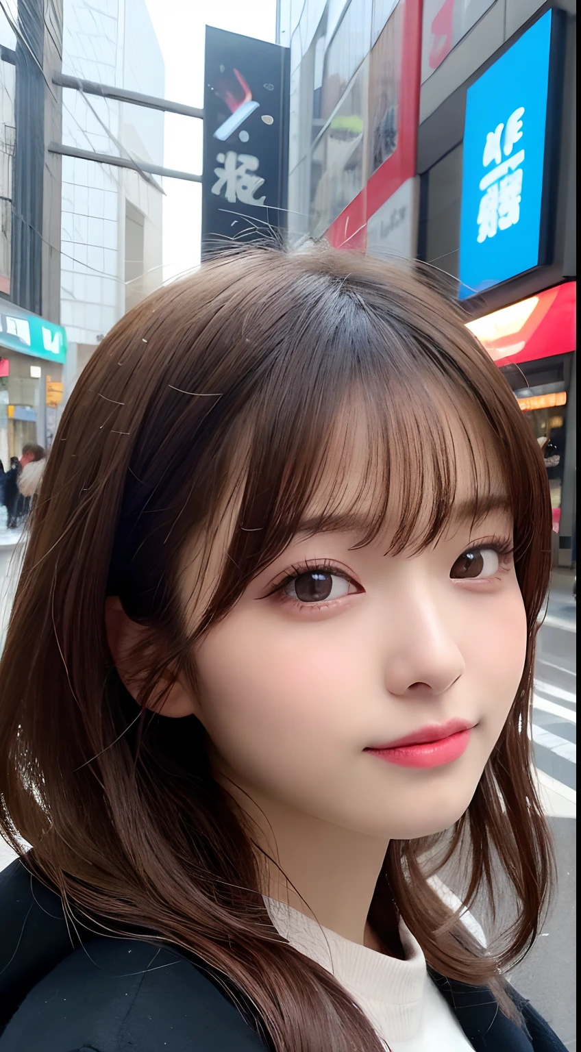 masutepiece, Best Quality, Illustration, Ultra-detailed, finely detail, hight resolution, 8K Wallpaper, Perfect dynamic composition, Beautiful detailed eyes, Winter clothes,Medium Hair,small tits,Natural Color Lip, Harajuku、20 years girl、Cute、Show your sexy look to the camera,Face that feels ecstasy,blur backgroun