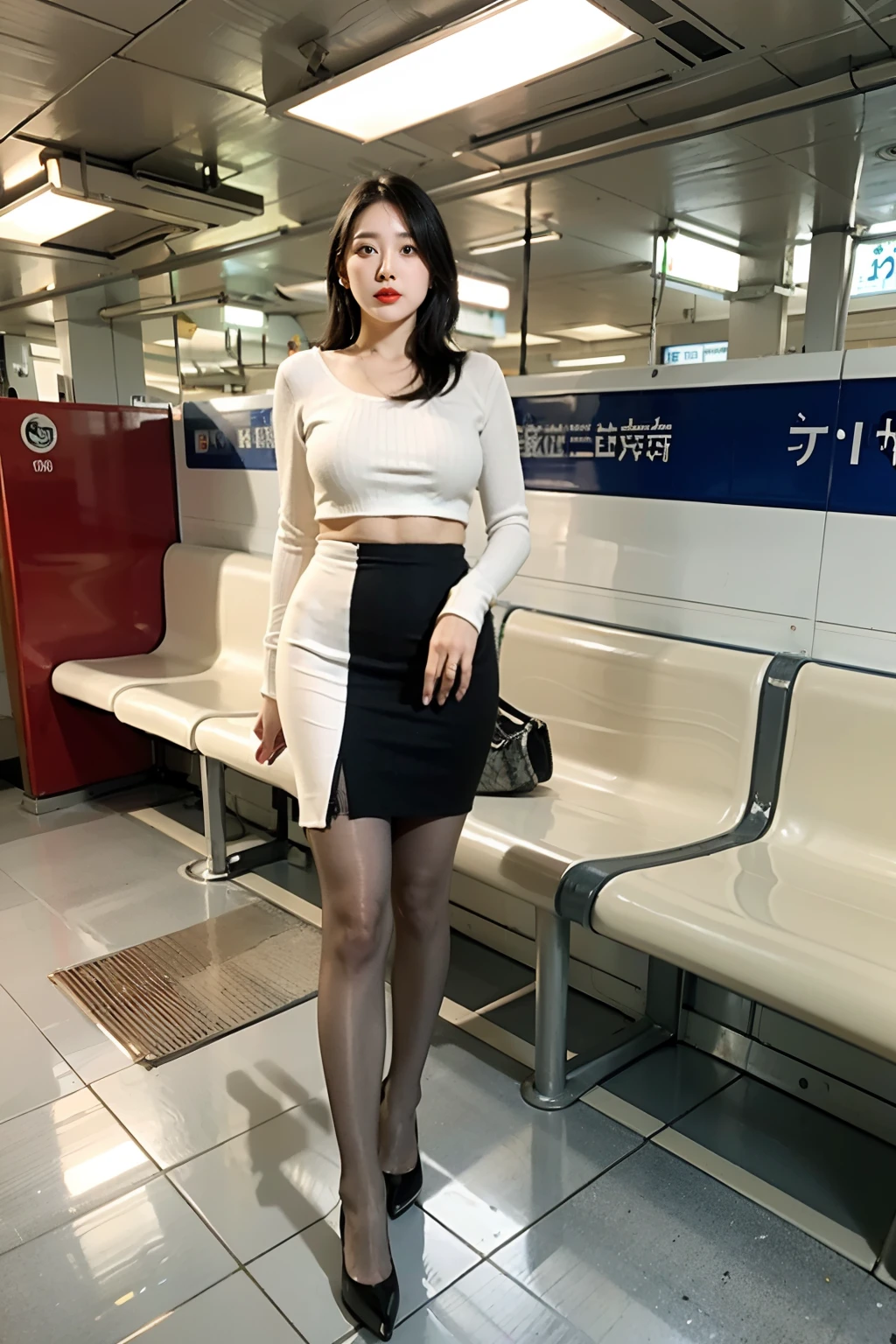 Black stiletto heels,wavy and long hair,White knitwear,Superskirt,Heavy makeup,Redlip,White skin,mature,being thin,full bodyesbian,very Bigger breasts,Long legs,You can see the whole body,Sheer flesh-colored pantyhose,in a subway station