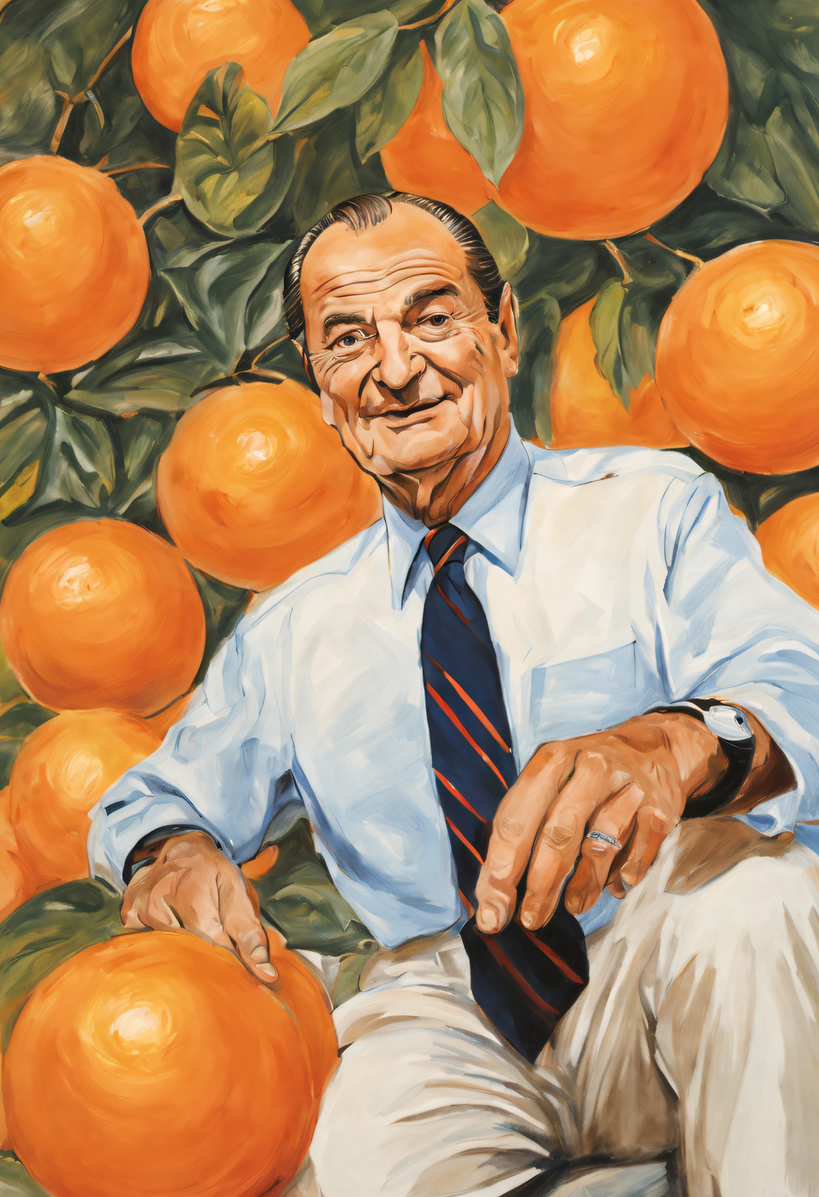 dessin en couleur, Jacques Chirac, en train de voler une orange, il court