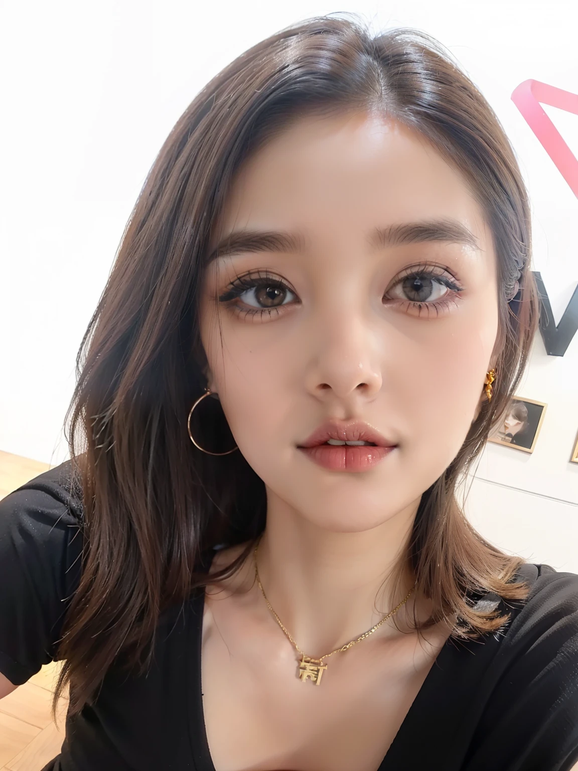 Masterpiece, Best quality, Realistic, Ultra-detailed, Girl in perfect shape),(Beautiful Korean female announcer, (Thin waist:0.5),(Huge breasts:1.5), (Huge ass:1.5), Brown long hair, Straight hair), Detailed eyes, 二重まぶた, Neat and clean girls,High heels, full bodyesbian, 20yr old, street , gold hoop earrings, belly piercing, Long legs, Face front, Seductive lips, Big eyes, Small nose, Black high heels, Gold crop top, blackminiskirt, Big eyes, Small nose