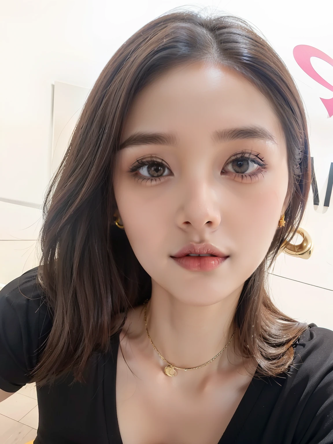 Masterpiece, Best quality, Realistic, Ultra-detailed, Girl in perfect shape),(Beautiful Korean female announcer, (Thin waist:0.5),(Huge breasts:1.5), (Huge ass:1.5), Brown long hair, Straight hair), Detailed eyes, 二重まぶた, Neat and clean girls,High heels, full bodyesbian, 20yr old, street , gold hoop earrings, belly piercing, Long legs, Face front, Seductive lips, Big eyes, Small nose, Black high heels, Gold crop top, blackminiskirt, Big eyes, Small nose