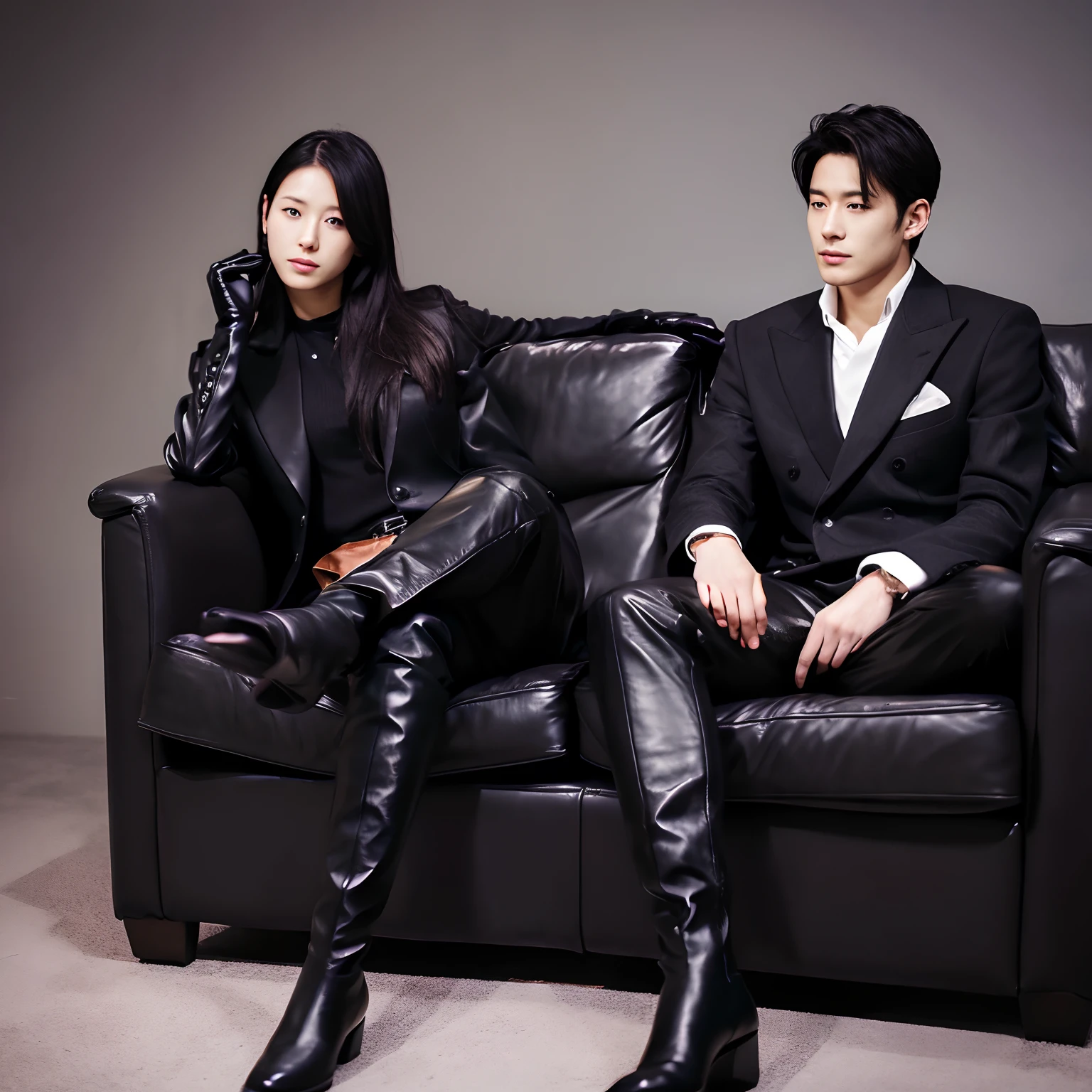 Business suits Black leather gloves long boots interview Young japanese lady Report on your smartphone Bathpap sits on a chair with Erlang's legs(He wears black leather gloves on both hands)