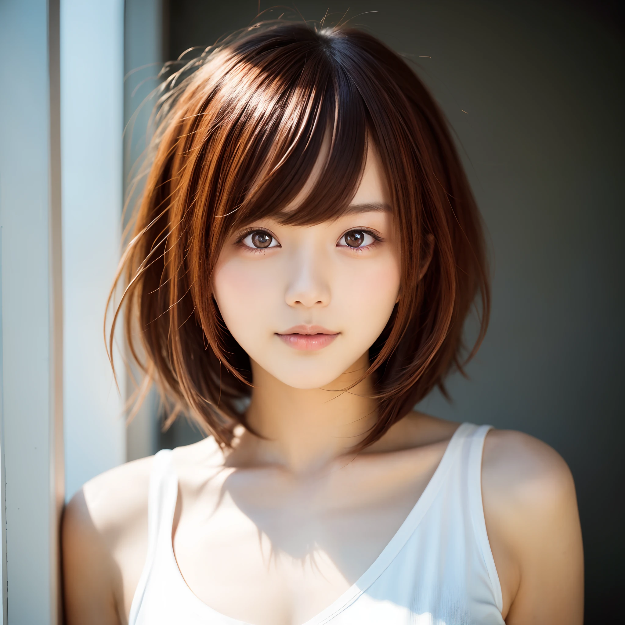Alafed asian woman with white tank top and brown hair, the face of a beautiful Japanese girl, With short hair, girl cute-fine-face, real life anime girl, charming anime girls, japanese facial features, short - medium length hair, with a bob cut, with short hair with bangs, zora々Shishi Japan of Girls, young cute wan asian face