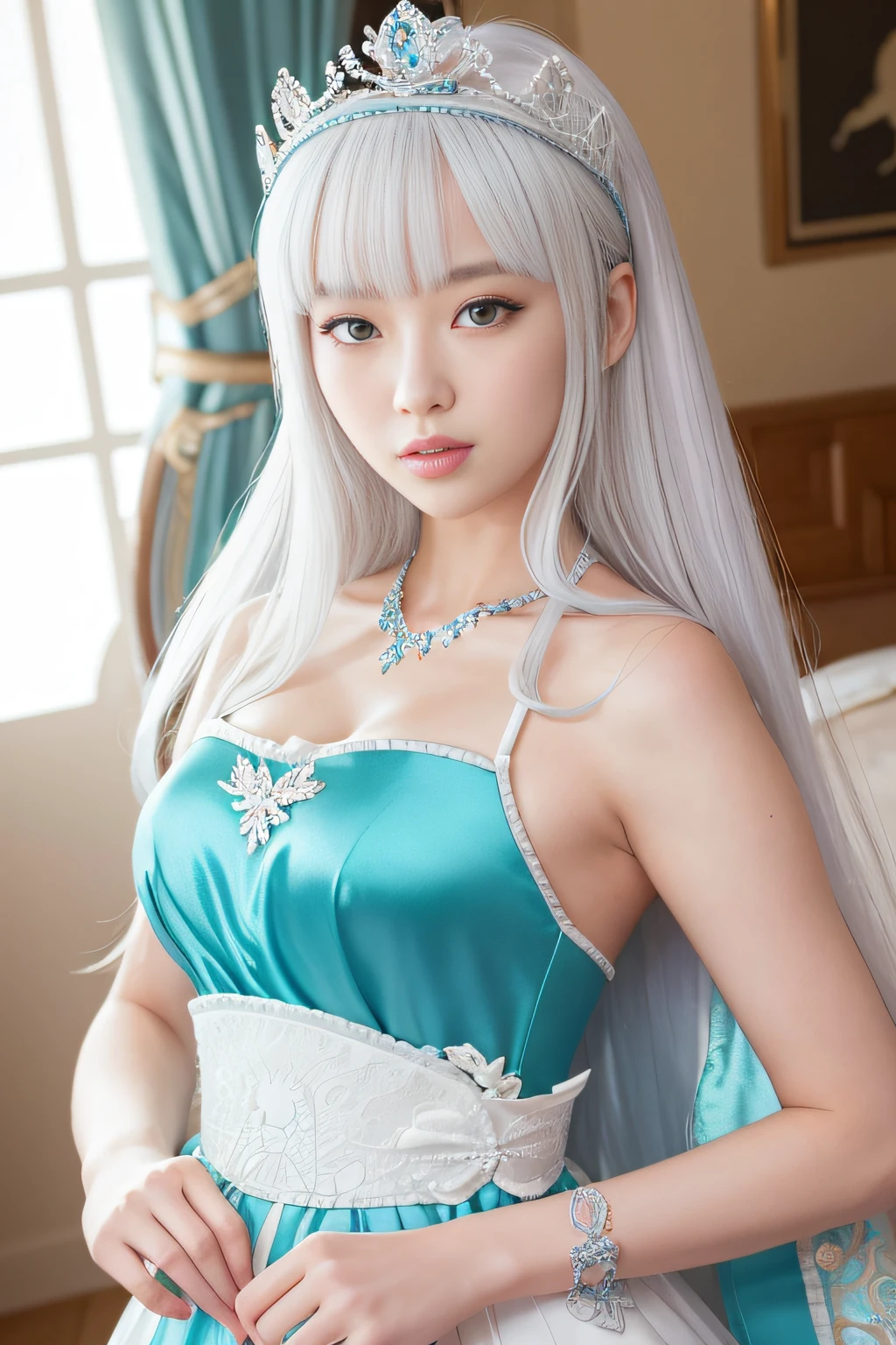 Photo of Princess Seoritsu and the White Dragon、The legendary giant white dragon=White Dragon、Princess Seoritsu is based on white、Princess Seoritsu is a slender and cute woman、FULL BODYSHOT、Natural light、top-quality、 8k wallpapers amazing, exquisitedetails, hight resolution, Beautiful Detail Girl, top-quality、Turquoise is used in the tiara