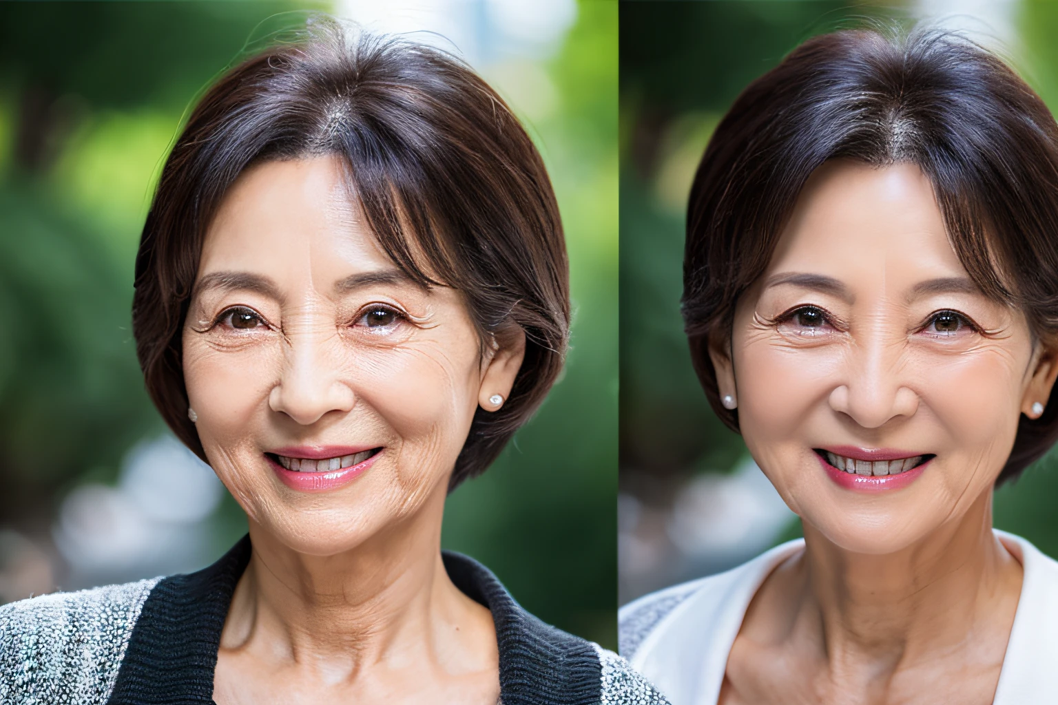 To the stomach,sixty years old,Deep wrinkles on the forehead,Wrinkles around the eyes,Dark wrinkles like an old lady,Wrinkles in the mouth,Deep wrinkles,from the chest up,The face is facing forward,Best Quality, Ultra-detailed, Photorealistic, super detailed skin,Korea person,A smile,long,Solo