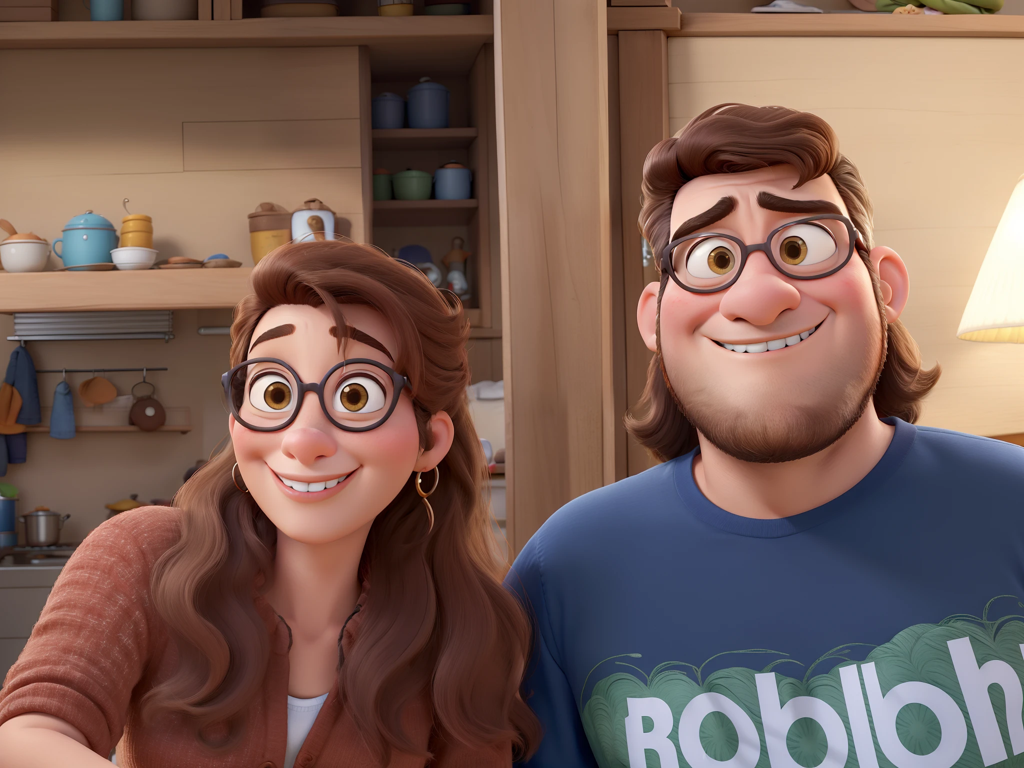 desenho estilo Pixar de um casal, mulher pequena de cabelos ruivos longos e cacheados, homem jovem grande pele clara e rosto arredondado de cabelo curto castanho claro e pouca barba os dois sorrindo