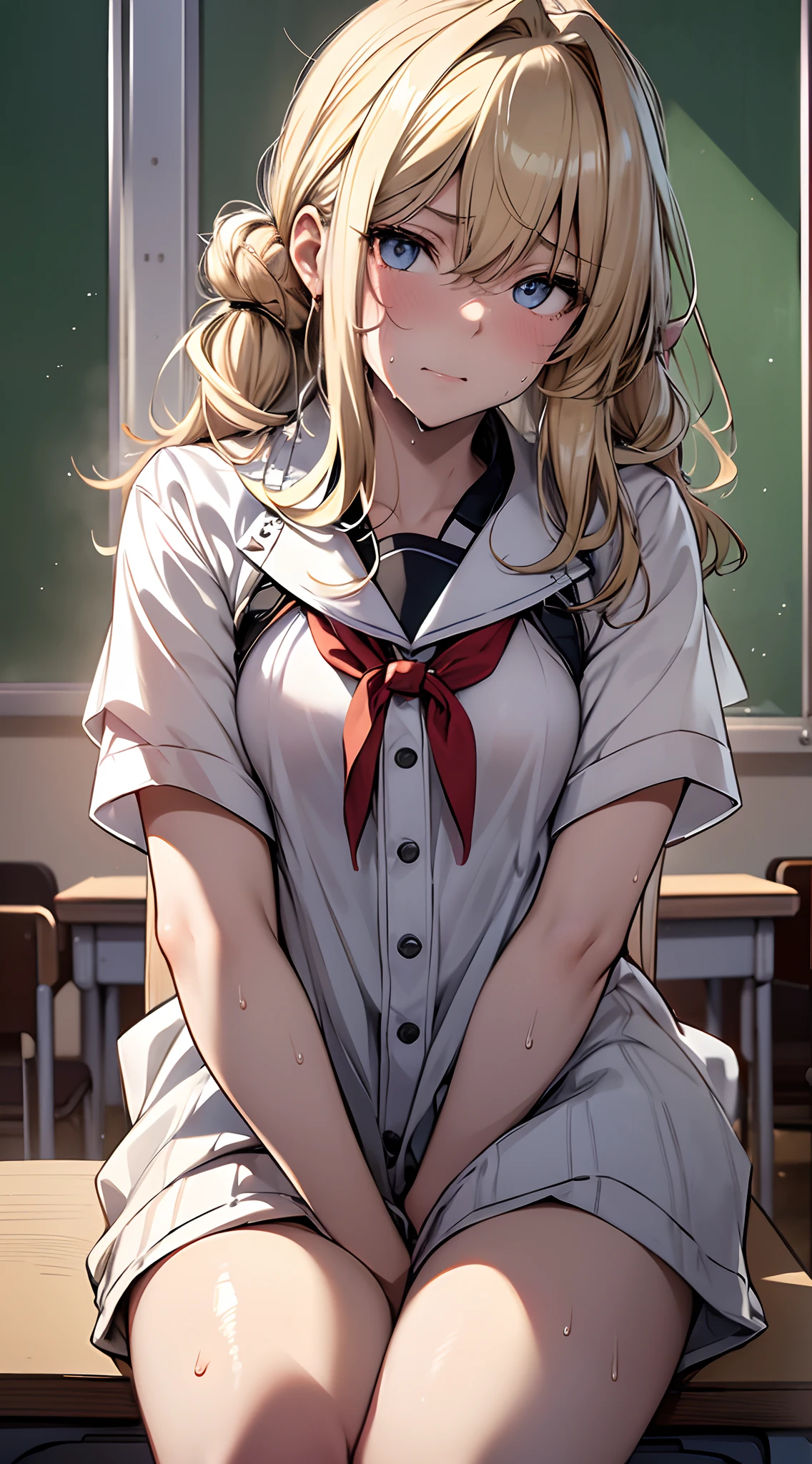 top-quality、supreme1People Girls,hightquality,A detailed face、A detailed eye、Detailed nose、Detailed mouth、 Beautiful expression, ((masuter piece)), ((High resolution)), ((Best Quality)), detail, (NSFW:1.4 ,With a disgusting face,Glaring at this), ((Skin shiny with sweat)), (shool uniform:1.2、Loose socks)、 girl with, a blond, (Half Twin Tail)、Sit at a desk and open your legs:1.3、fair white skin:1.3、、Smaller chest, cinmatic lighting, perfectly shaded,(((Classroom))), Realistic lighting with shades,Reflecting the whole body