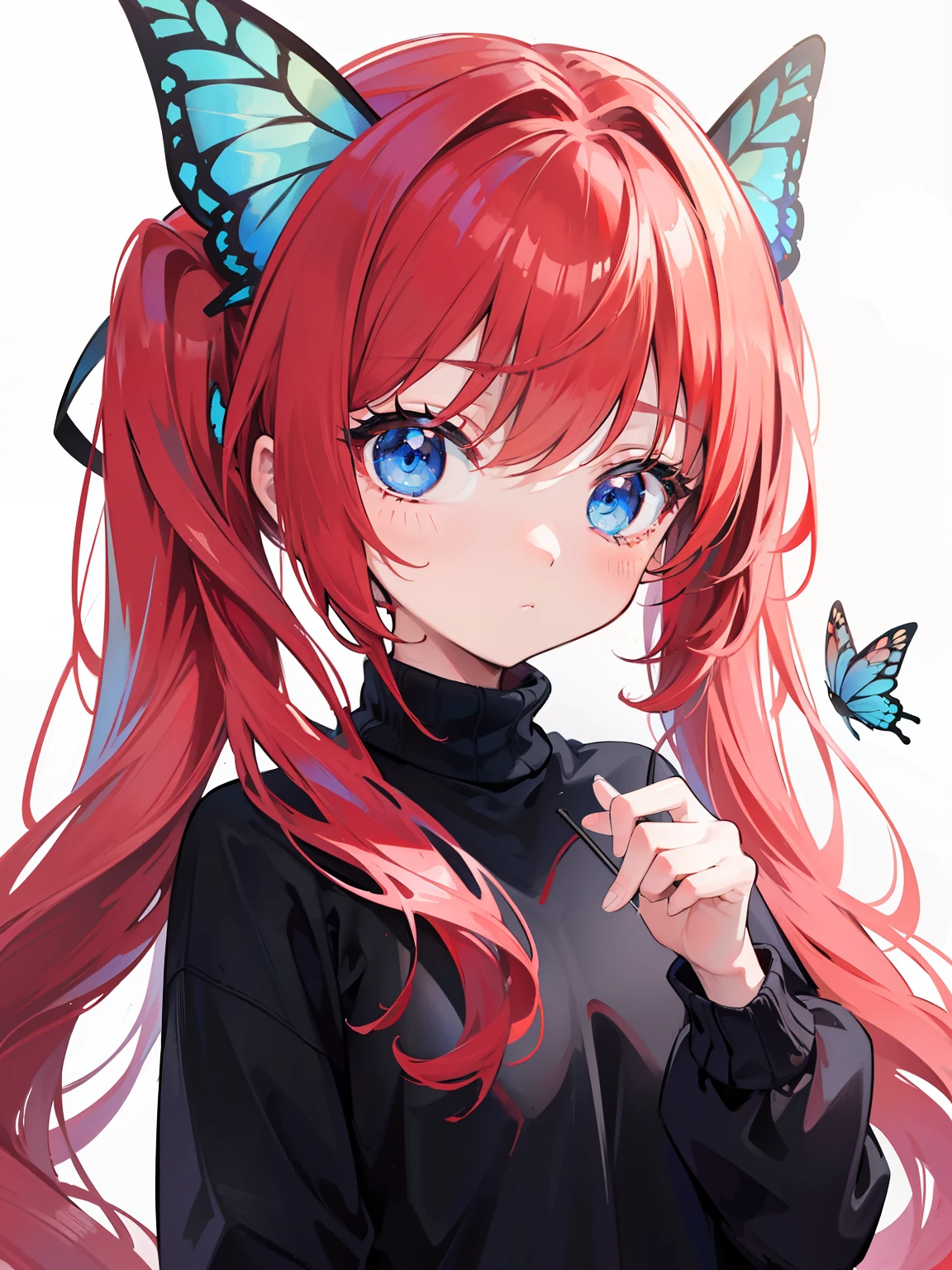 {{best quality}}, {{masterpiece}}, {{ultra-detailed}}, {illustration}, {detailed light}, red hair, blue eyes, girl,  girl, butterfly, sweater, long sleeve, black sweater,Twintails,loli,cute,Kawaii