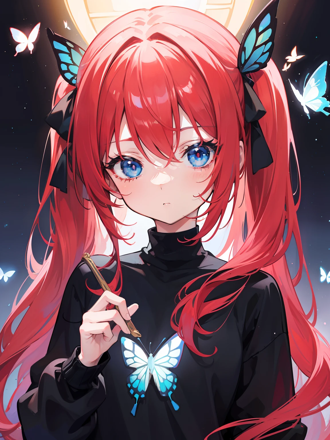 {{best quality}}, {{masterpiece}}, {{ultra-detailed}}, {illustration}, {detailed light}, red hair, blue eyes, girl, girl, butterfly, sweater, long sleeve, black sweater,Twintails,loli,cute,Kawaii