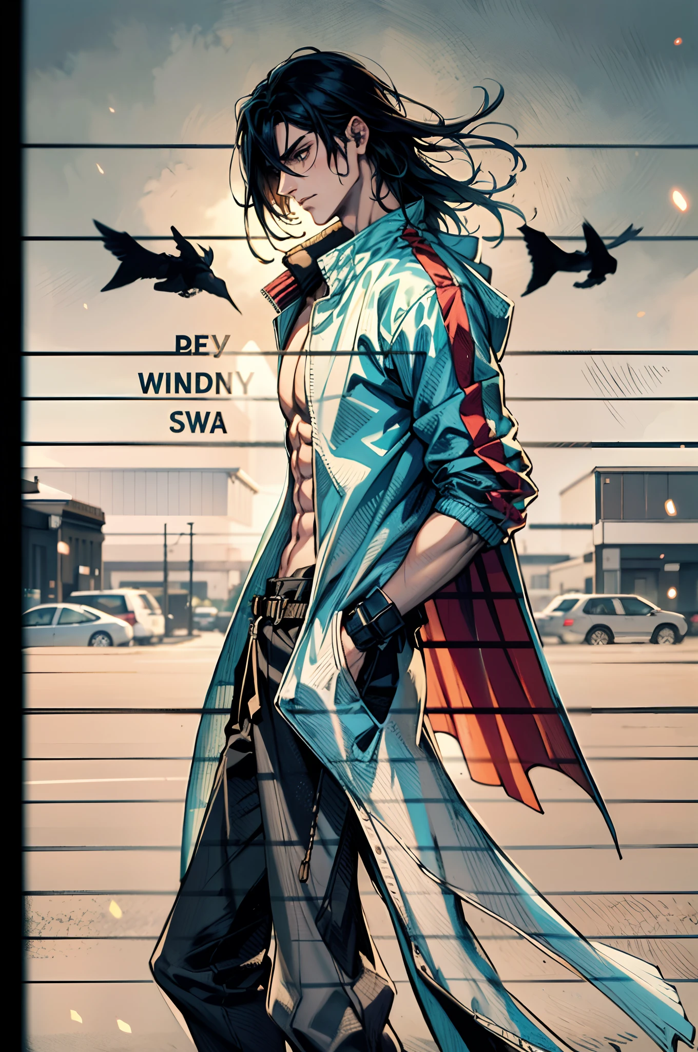 A young man, long black hair, his hair bangs hanging down to cover his eyes, a forlorn expression, head bowed, a long windbreaker coat, rolled-up sleeves, the windbreaker open, revealing his sturdy chest and abdominal muscles, loose coarse cloth trousers, the waist of the trousers reaching the navel, hands inserted into the pockets of the coat, he stands in the dimly lit night on a medieval street in a fantasy-style setting, this character embodies a finely crafted fantasy-realistic style ronin in anime style, characterized by an exquisite and mature manga illustration art style, high definition, best quality, highres, ultra-detailed, ultra-fine painting, extremely delicate, professional, anatomically correct, symmetrical face, extremely detailed eyes and face, high quality eyes, creativity, RAW photo, UHD, 8k, Natural light, cinematic lighting, masterpiece-anatomy-perfect, masterpiece:1.5