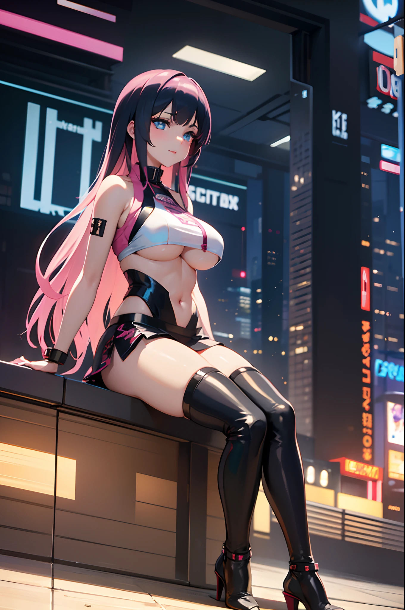 anime girl sitting on a motorcycle in a city at night, anime style 4 k, anime cyberpunk art, digital cyberpunk anime art, 4k anime wallpaper, modern cyberpunk anime, cyberpunk anime art, sitting on cyberpunk motorbike, cyberpunk anime girl, digital cyberpunk - anime art, ultra hd anime wallpaper, Beautiful, pink jacket, white mini skirt, white top, underboob, Hyperdetailed, Intricate, Elaborate, Meticulous, Photorealistic, Sharp Focus, Wlop, Character Design, Unreal Engine, 3d Rendered, Volumetric Lighting, Reflections, Glossy, Digital Illustration, Sensual Pose, Suggestive Pose, Lewd, Full Body Shot, anatomically correct 💖❤💕💋❣