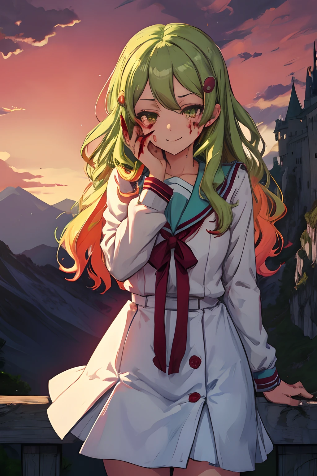 (masutepiece:1.1), Best quality,emir, kita high school uniform, Green eyes, hair pin, Castle, outside, Continuous staring, mountain scene, looking at viewert,Night, Red sky, Blood Moon, Yandere trance, Yandere, hand on own face,hand on own cheek, blank eye, Blush, Hefty Smile, Jan Dres a mile, (Blood:1.2), constricted pupil