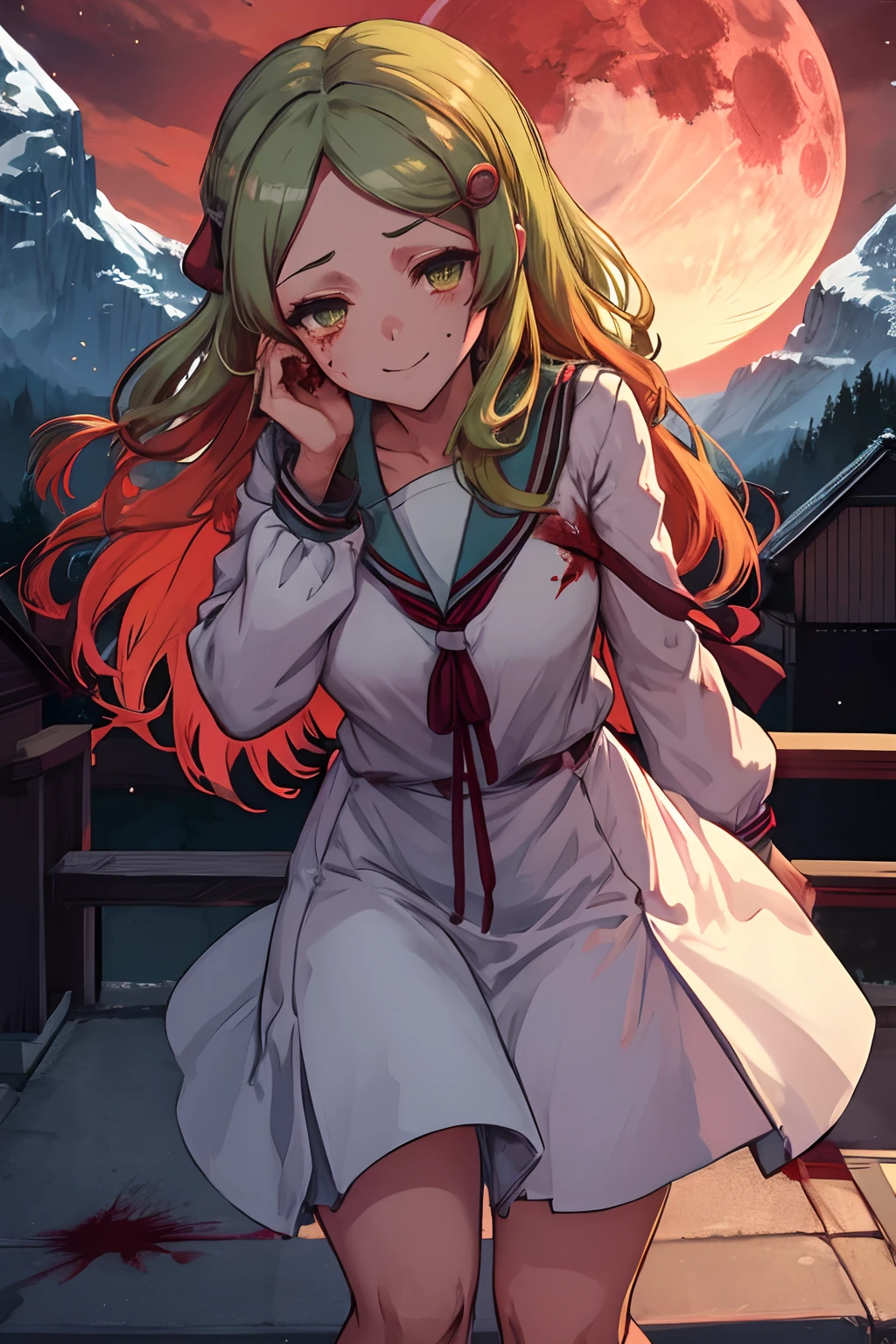 (masutepiece:1.1), Best quality,emir, kita high school uniform, Green eyes, hair pin, Castle, outside, Continuous staring, mountain scene, looking at viewert,Night, Red sky, Blood Moon, Yandere trance, Yandere, hand on own face,hand on own cheek, blank eye, Blush, Hefty Smile, Jan Dres a mile, (Blood:1.2), constricted pupil