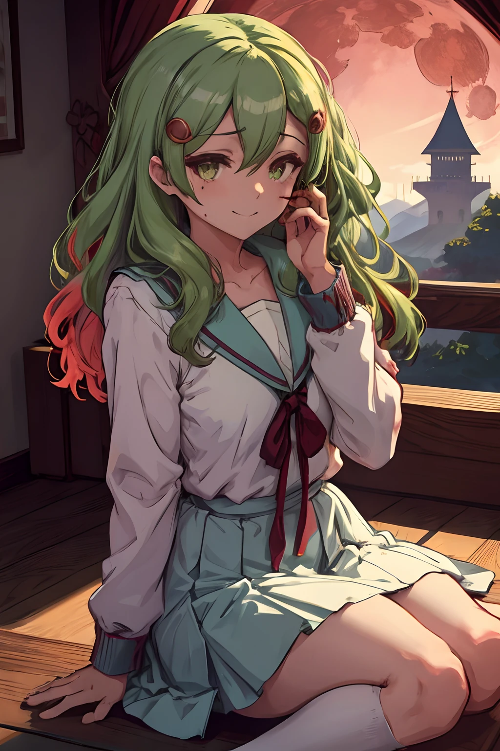 (masutepiece:1.1), Best quality,emir, kita high school uniform, Green eyes, hair pin, Castle, outside, Continuous staring, mountain scene, looking at viewert,Night, Red sky, Blood Moon, Yandere trance, Yandere, hand on own face,hand on own cheek, blank eye, Blush, Hefty Smile, Jan Dres a mile, (Blood:1.2), constricted pupil