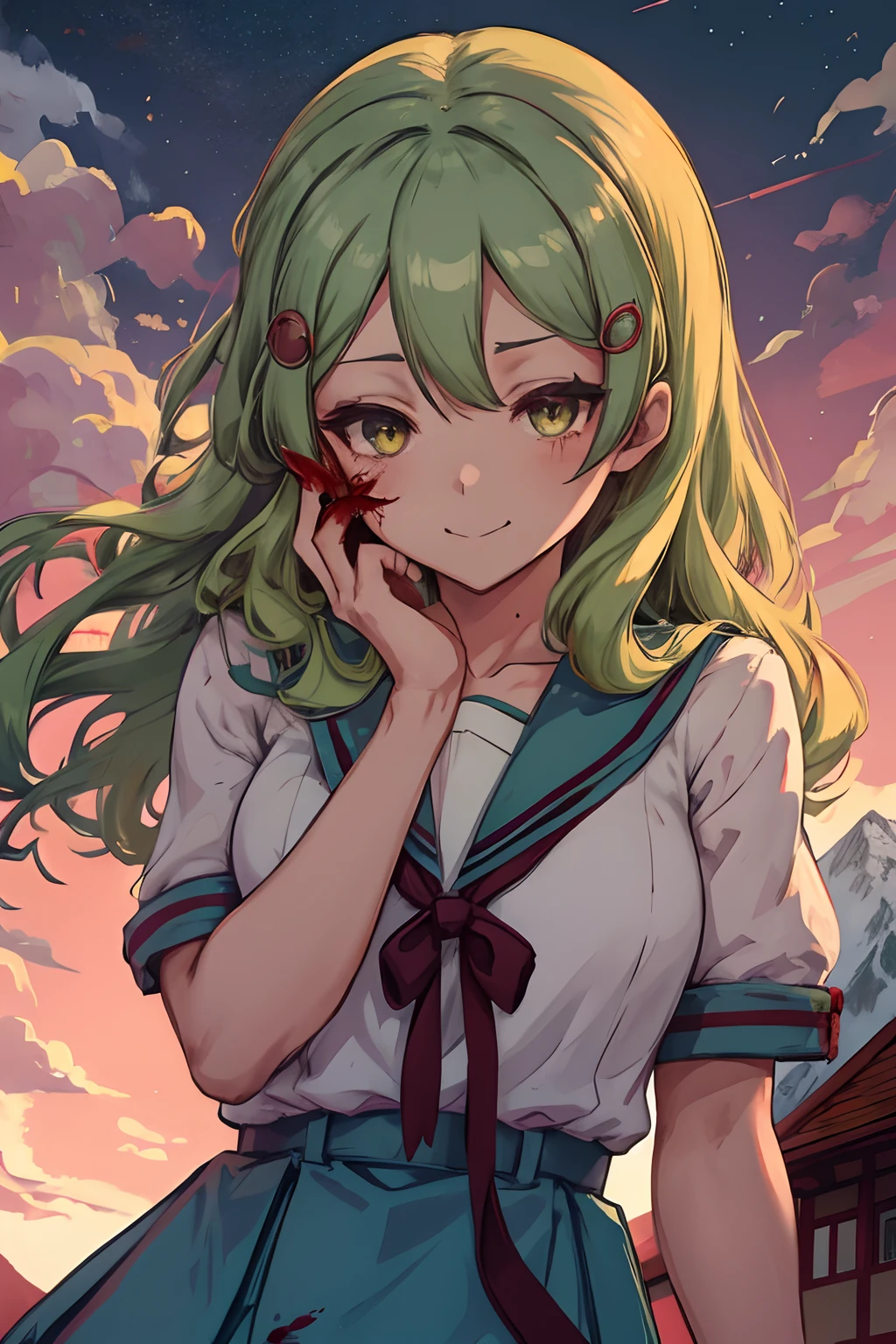 (masutepiece:1.1), Best quality,emir, kita high school uniform, Green eyes, hair pin, Castle, outside, Continuous staring, mountain scene, looking at viewert,Night, Red sky, Blood Moon, Yandere trance, Yandere, hand on own face,hand on own cheek, blank eye, Blush, Hefty Smile, Jan Dres a mile, (Blood:1.2), constricted pupil