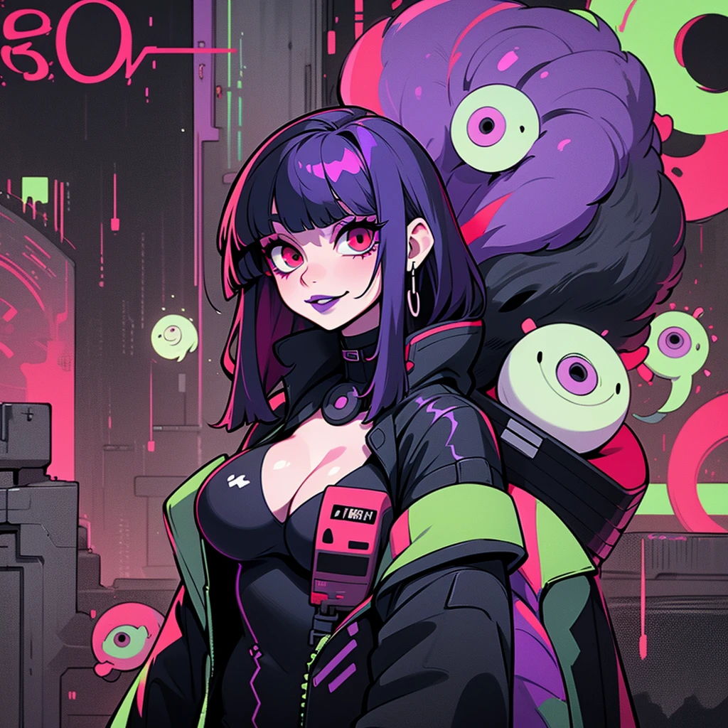 ((solo)). female character around 30 years old. mature body with large breasts and cleavage. wearing black clothing, a cyberpunk style outfit. she has a cheeky smile. red eyes. long purple hair with straight bangs. She wears eyeliner and black lipstick on her lips. she looks a model on a magazine cover. a combined neon and greyscale color style. the background has rain