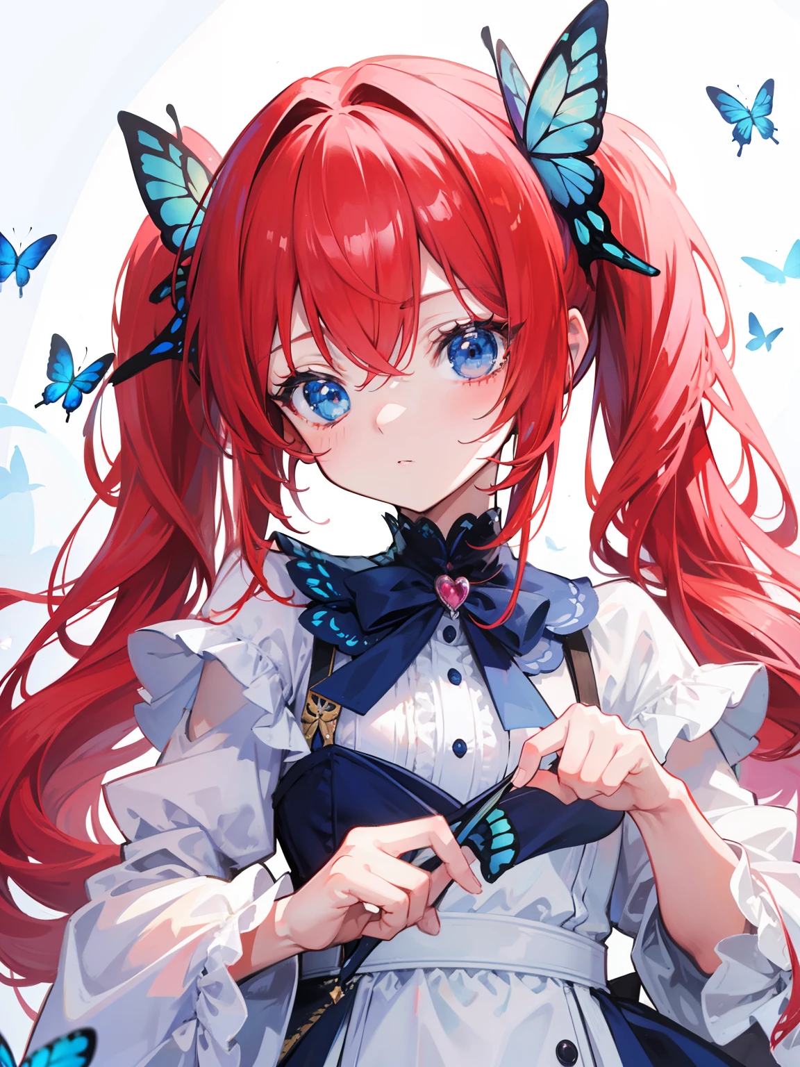 {{best quality}}, {{masterpiece}}, {{ultra-detailed}}, {illustration}, {detailed light}, red hair, blue eyes, girl, girl, butterfly,Twintails,loli,cute,Kawaii