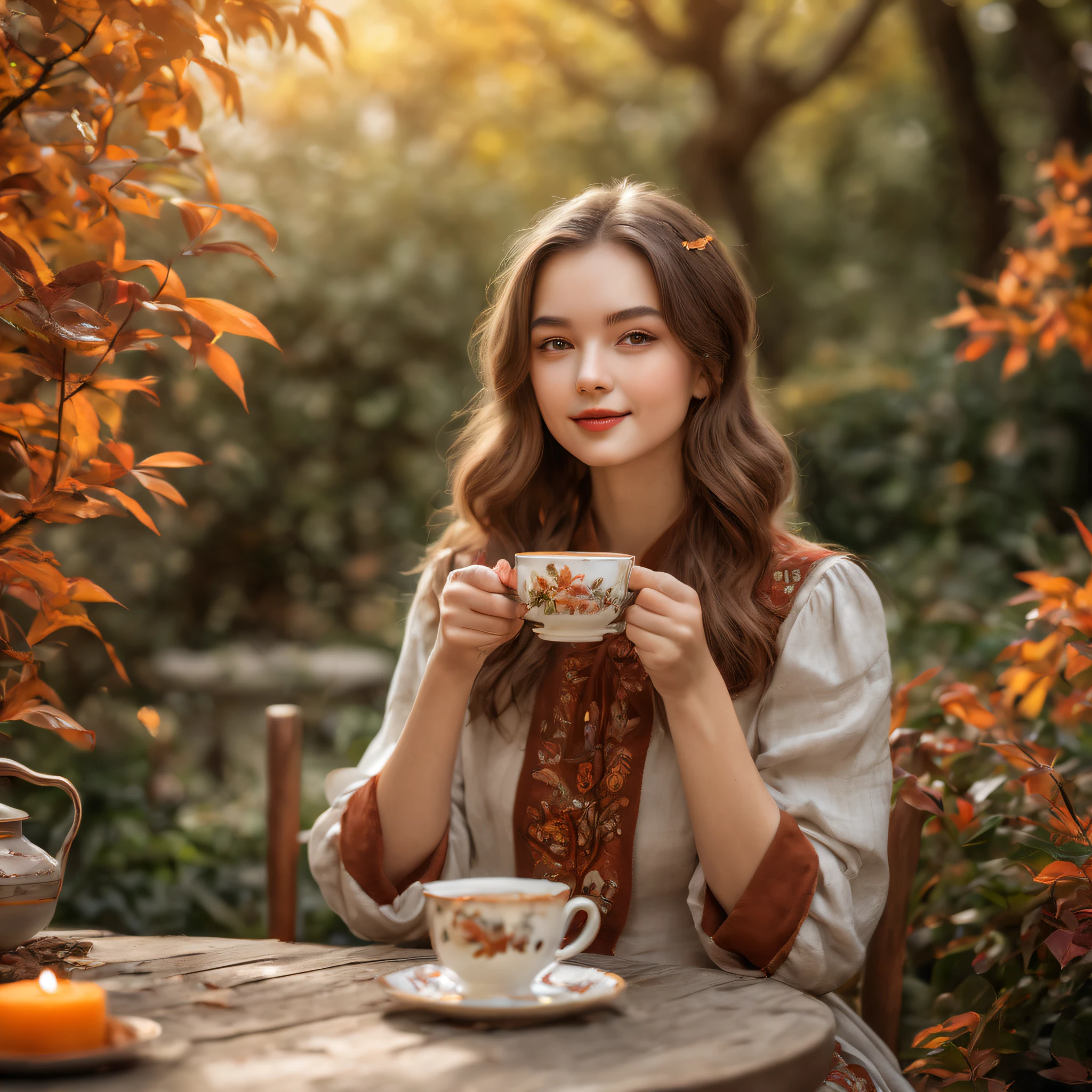 A girl enjoying a cup of hot tea, sitting in a peaceful garden surrounded by autumn leaves. The girl has beautiful detailed eyes and lips, adding a touch of elegance to her face. She is holding the tea cup delicately, while the steam from the tea gracefully rises into the air. The garden is filled with vibrant colors, with flowers in full bloom and a gentle breeze rustling through the trees. The sunlight softly illuminates the scene, casting warm shadows on the ground. The tea is served in a vintage ceramic teacup, creating a sense of nostalgia. The overall atmosphere exudes tranquility and calmness, making it the perfect spot to savor the tea and enjoy the gentle smoke swirling in the air. The image is of the best quality, with ultra-detailed features that capture every intricate detail. The colors are vivid and the lighting is carefully set, achieving a photorealistic effect.