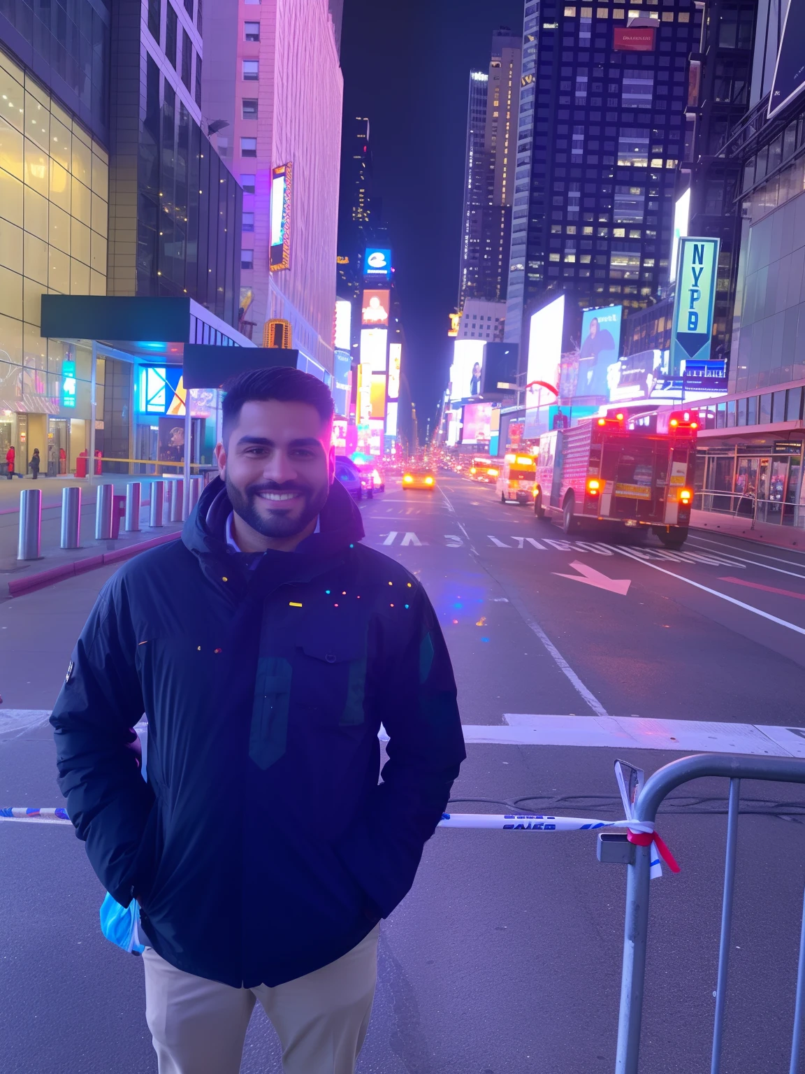 Hombre con barba paseando por la times square en nyc