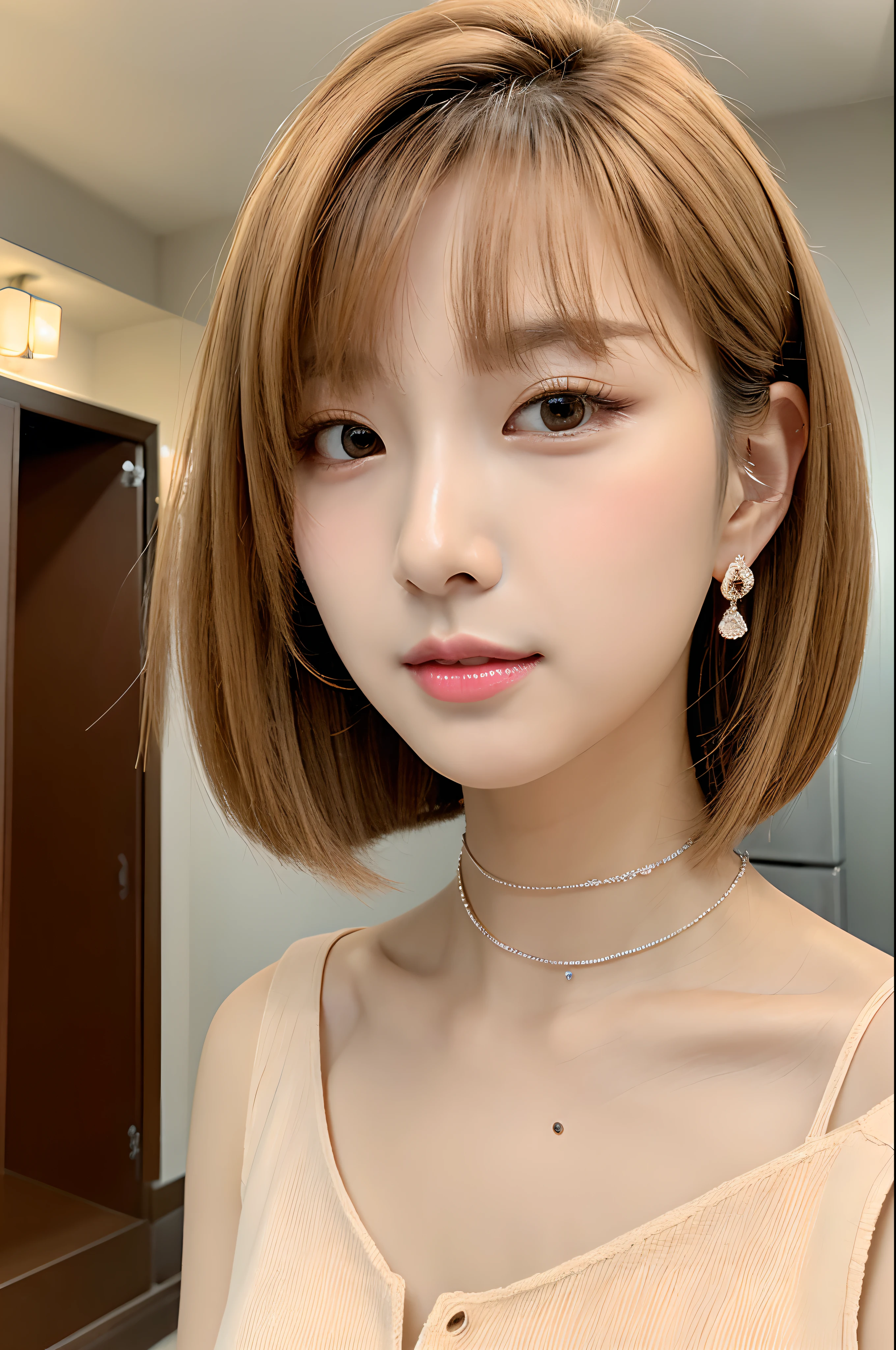 Small face The collarbone is visible from the front Thick bob Beige hair color Mote is loved Ear hooks and piercings visible Transparent makeup that is popular