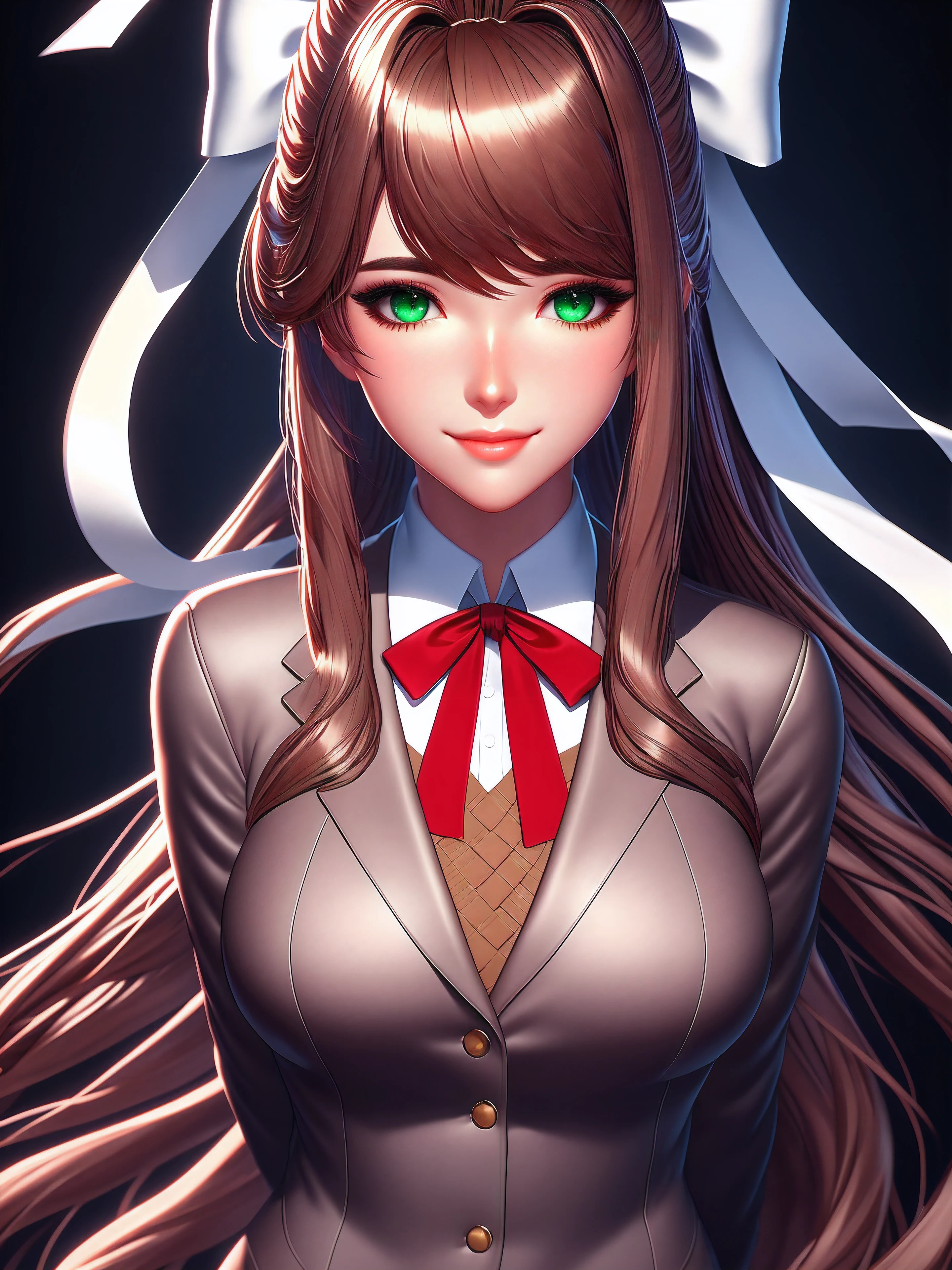 Monika, long brown hair with slightly wavy ends. A large white ribbon is tied into a bow on the right side of her head. She has side-swept bangs that brush her forehead, standard female school uniform, aura of discipline and elegance, warm gray blazer, upright posture, brown wool vest, immaculate white shirt, red ribbon on the collar. Maximum sharpness, UHD, 16K, anime style, best possible quality, ultra detailed, best possible resolution, Unreal Engine 5, perfect, more detail.