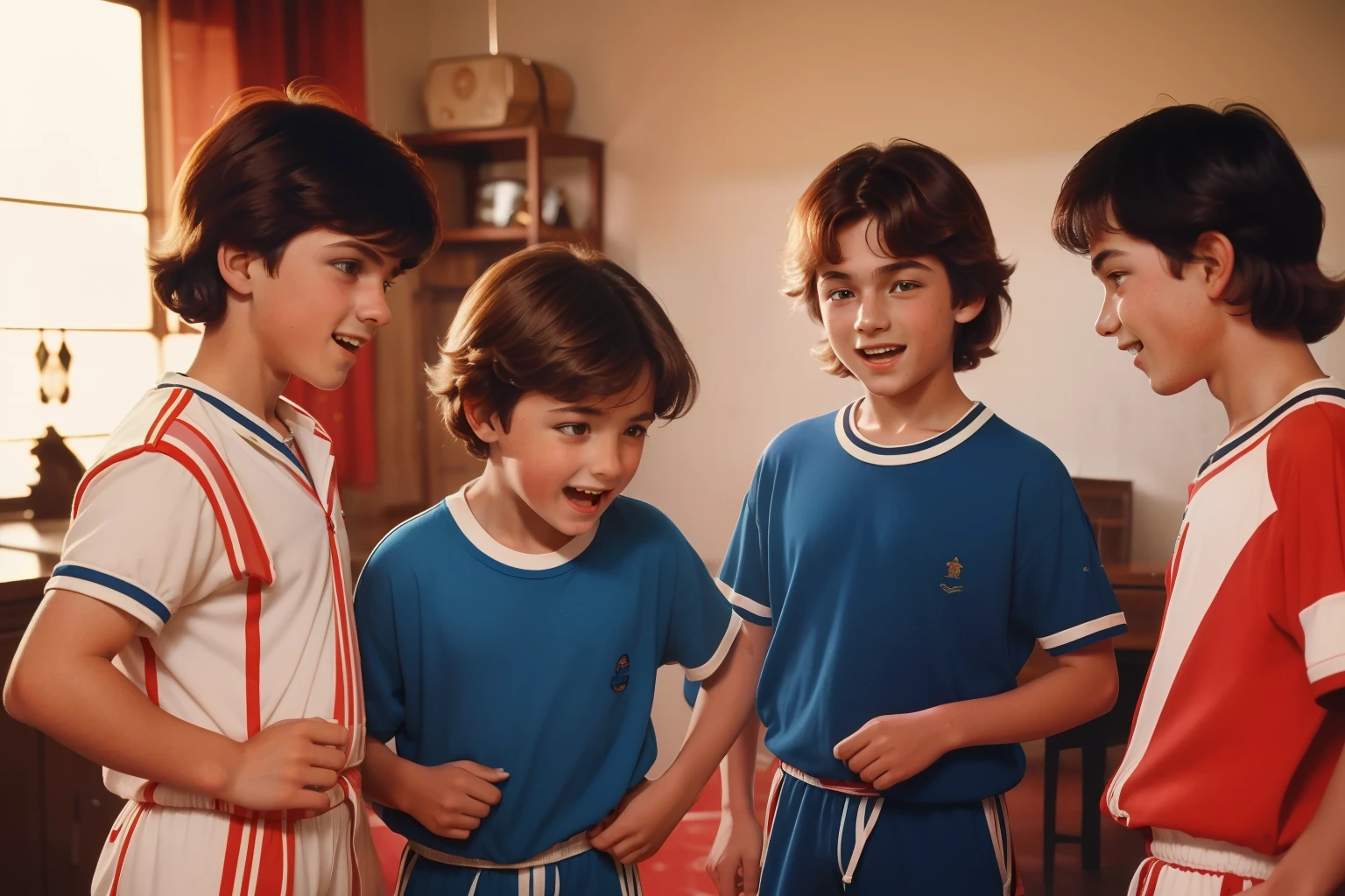 Location: Northern Spain. Pre-Raphaelite scene with three -yeld ((s)), playing fight, at home, smiles, ((((Clothing from the 1980s)))) ((Hairstyle of the 1980s)), ((("OMITB" cinematography)))
