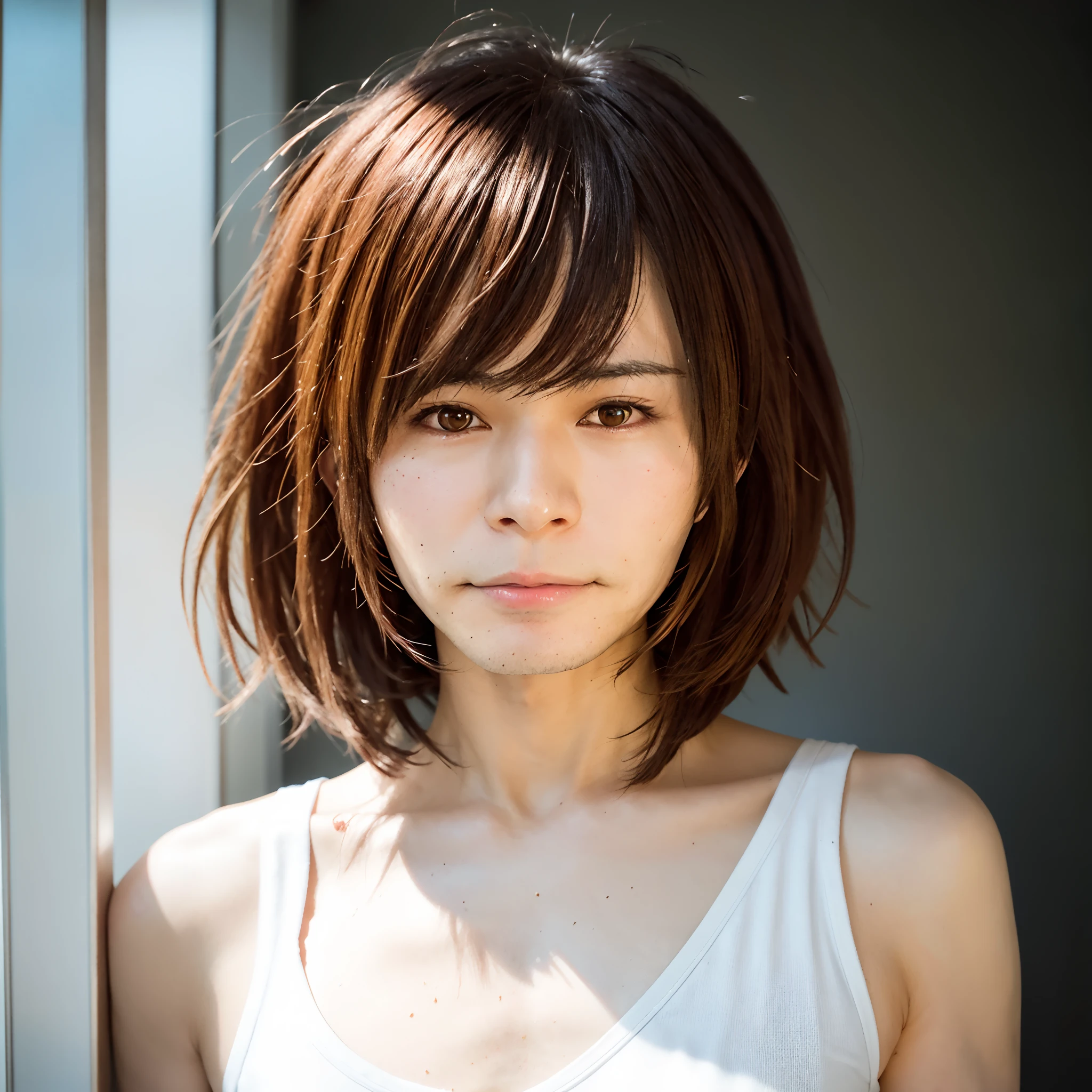 Alafed asian woman with white tank top and brown hair, the face of a beautiful Japanese girl, With short hair, girl cute-fine-face, real life anime girl, charming anime girls, japanese facial features, short - medium length hair, with a bob cut, with short hair with bangs, zora々Shishi Japan of Girls, young cute wan asian face