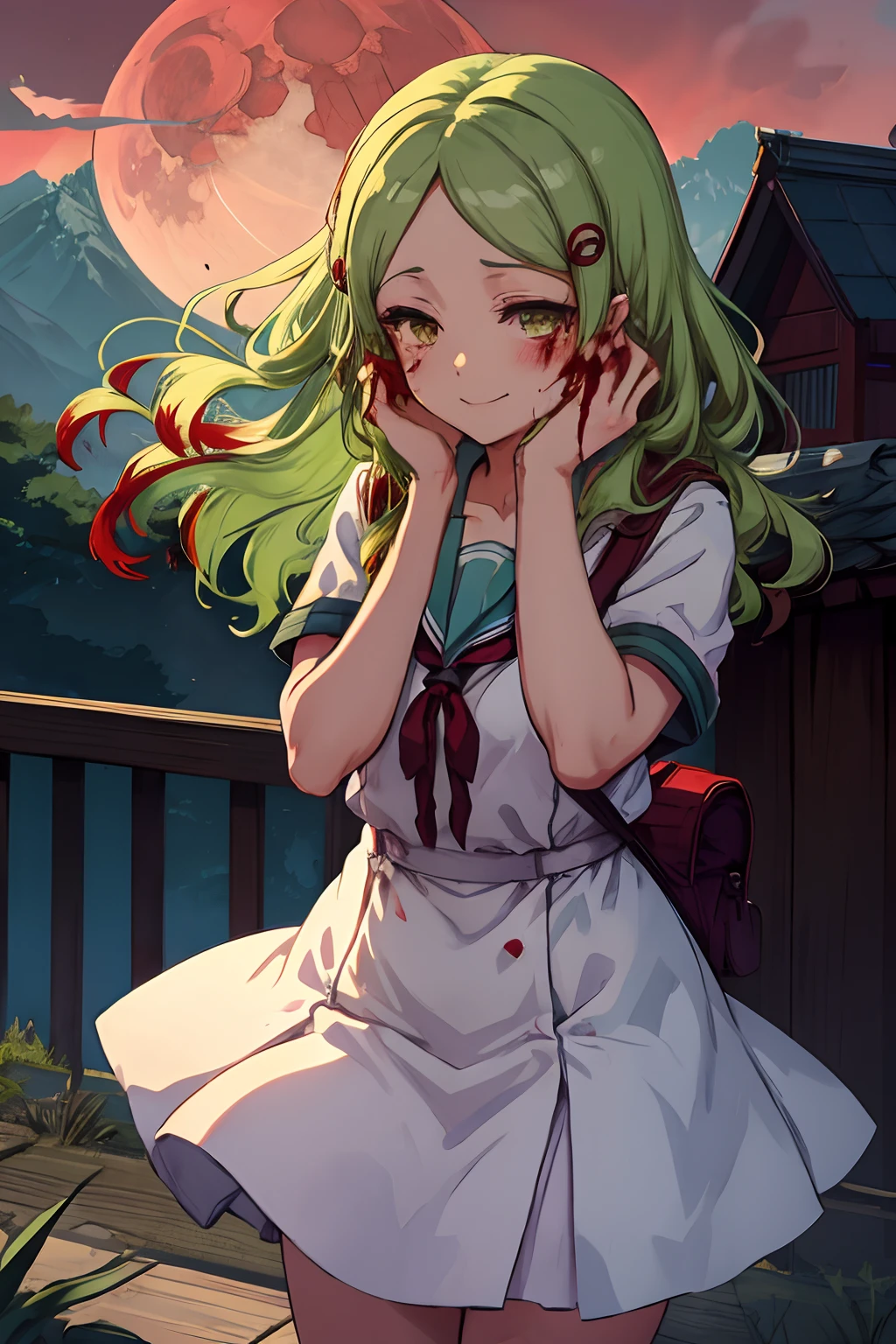 (masutepiece:1.1), Best Quality,Emil, kita high school uniform, Green eyes, hair pin, castle, Outside, Continuous staring, Mountain scene, looking at viewert,Night, Red sky, blood moon, yandere trance, yandere, hand on own face,hands on own cheeks, blank eye, blush, Hefty Smile, Jan Dress and Miles, (Blood:1.2), Constricted pupils