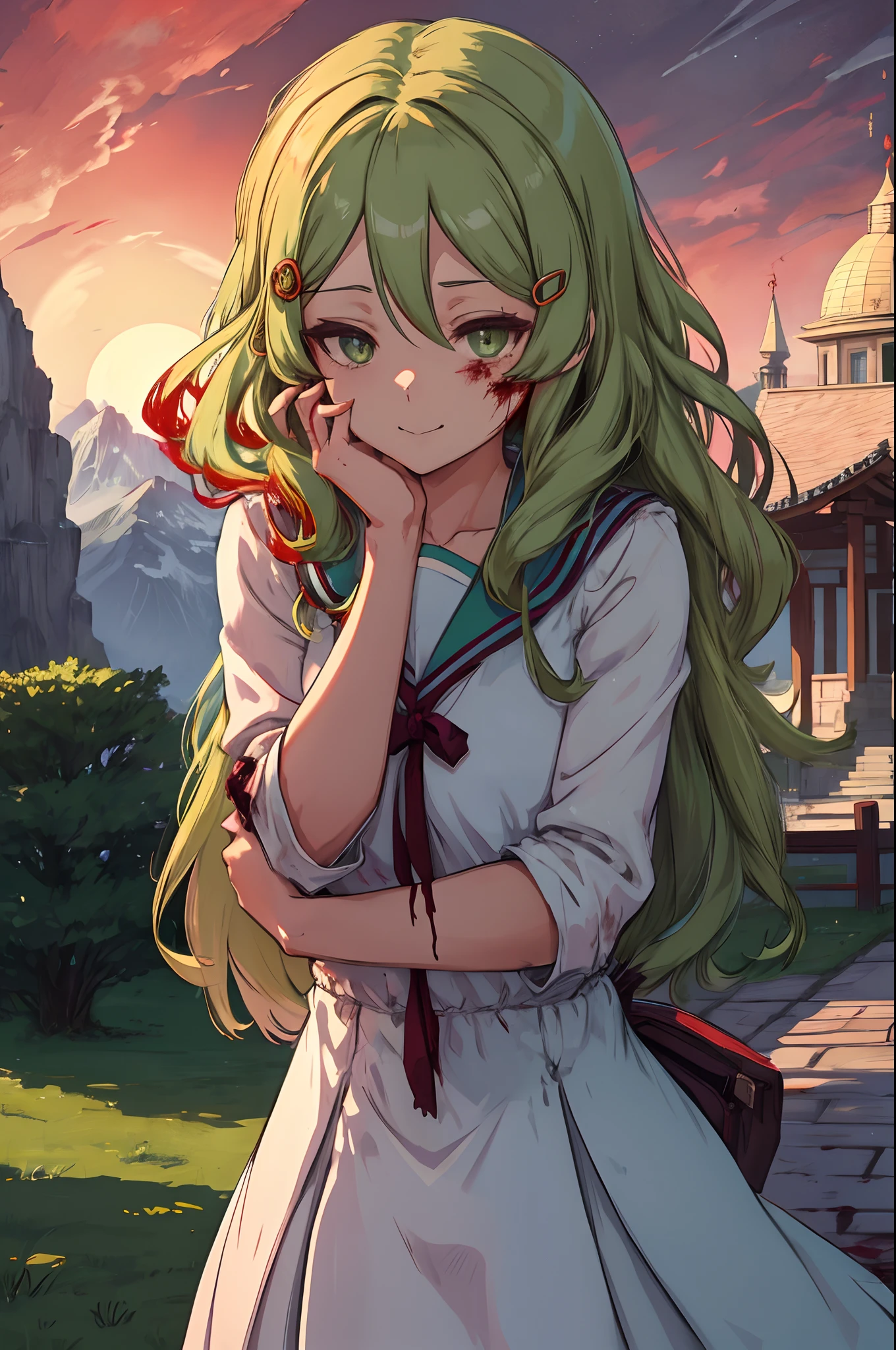 (masutepiece:1.1), Best Quality,Emil, kita high school uniform, Green eyes, hair pin, castle, Outside, Continuous staring, Mountain scene, looking at viewert,Night, Red sky, blood moon, yandere trance, yandere, hand on own face,hands on own cheeks, blank eye, blush, Hefty Smile, Jan Dress and Miles, (Blood:1.2), Constricted pupils