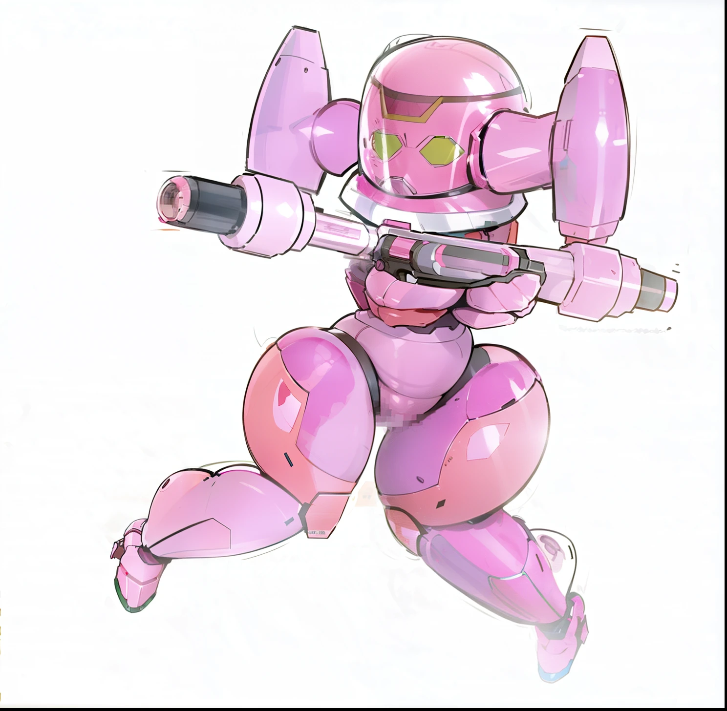 Drawing of a man in a pink spacesuit and holding a gun, pink armor, pink armor,, Girl in Mecha Cyber Armor, fully robotic!! catgirl, fully robotic!! helmets, mechasuit, Glasses Girl, full body mecha suit,Full Face Mask