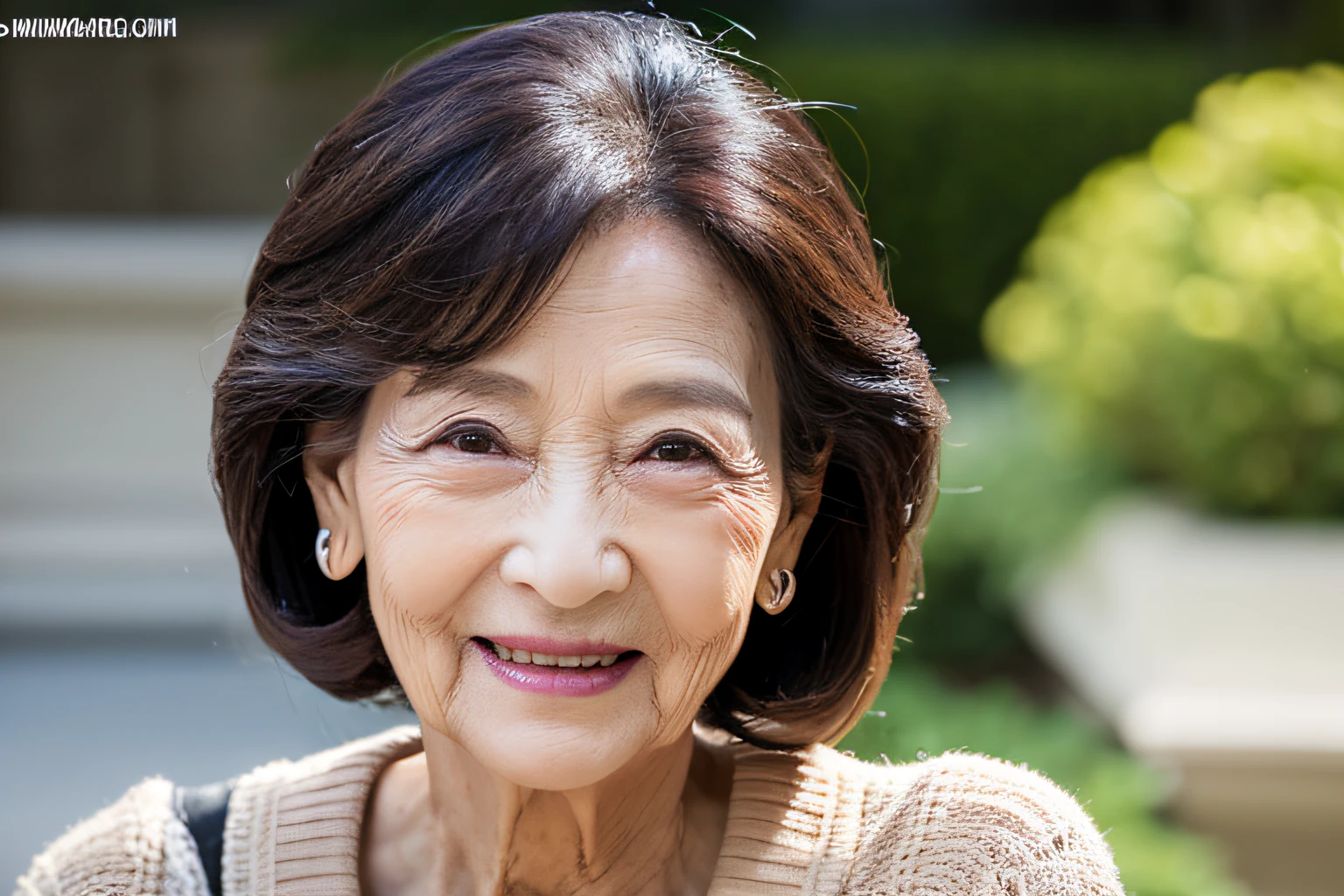 Standing in the park, Wrinkles around the eyes, Smiling with teeth showing, Plain short-sleeved clothing, senior citizen, Draw lips correctly, Red lipstick, No discomfort, 16K, Highest quality, Very detailed, Realistic, Very detailed肌, (Japanese), (alone), 60 years old, Large Breasts, , Glamour, sexy, Chromo White Skin, Staring straight ahead,