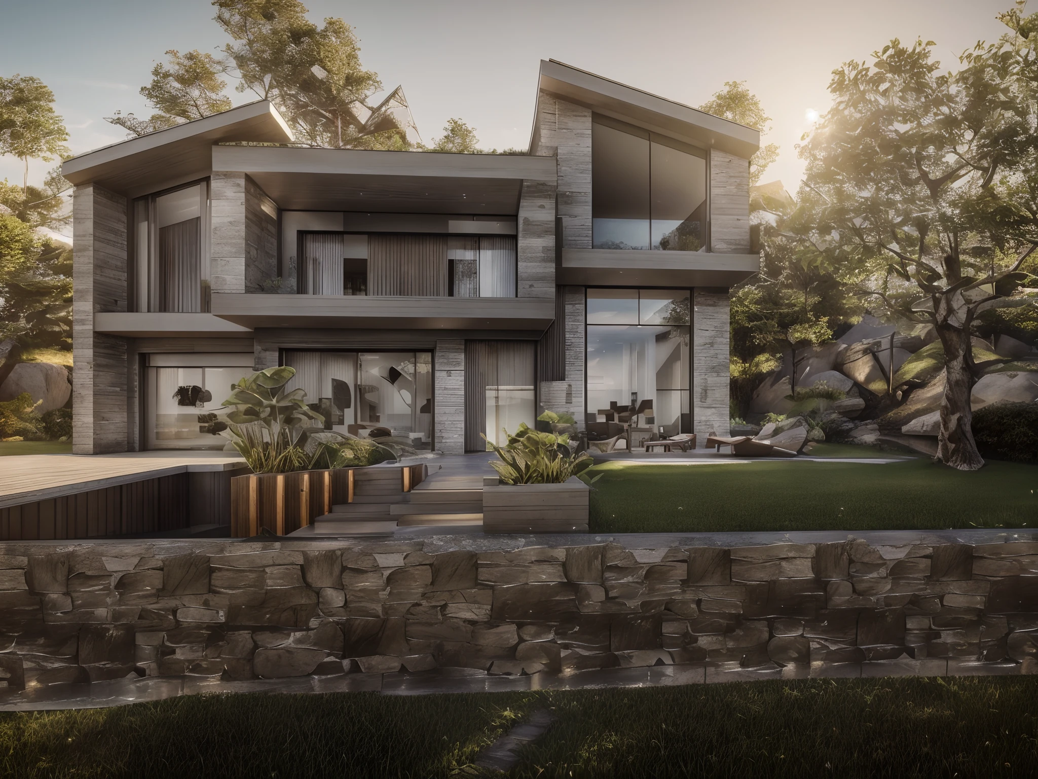 photo realistic, hd high res ultra high quality rear view plan modern villa, Rough, finished concrete FACADE, large glass windows, wooden door, sloping roof, trees, grass, plantation, plants,, perfect composition, beautiful detailed intricate insanely detailed octane render trending on attestation, 8 k artistic photography, photo realistic concept art, soft natural volumetric cinematic perfect light, chiaroscuro, award - winning photograph, masterpiece, 3d rendering, front view plan, realistic, hyper realistic, intricate details details,128k,(sharp lines)(use vivid multi dark colors)(3d rendering)(evening render with clear sky)