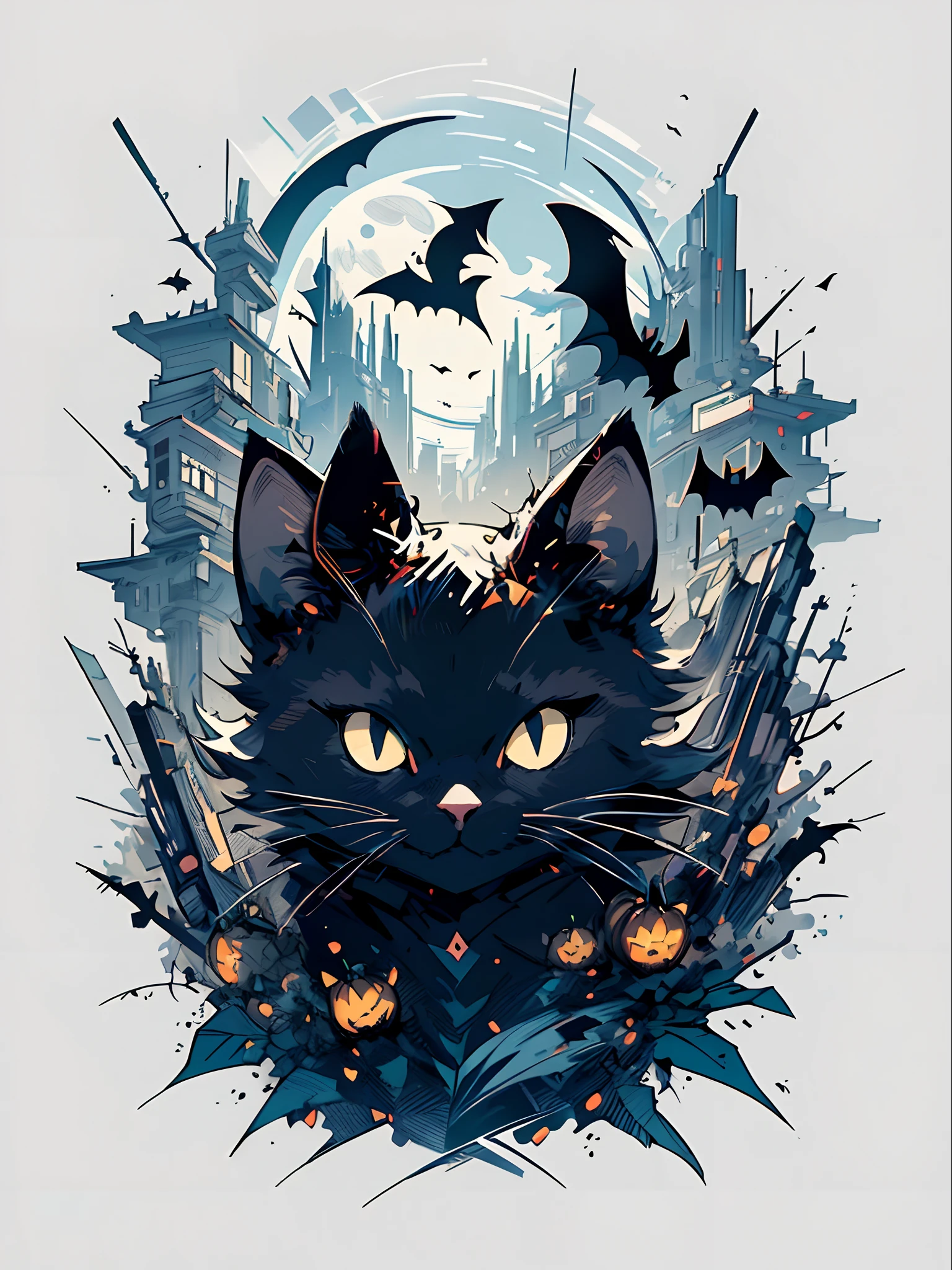 print ready vector t-shirt design, halloween scene with black cats, spiders and pumpkin, with beautiful nocturnal moon and bats in the background, clean white background, professional vector, full shot, 8K resolution, deep impressionillustration
