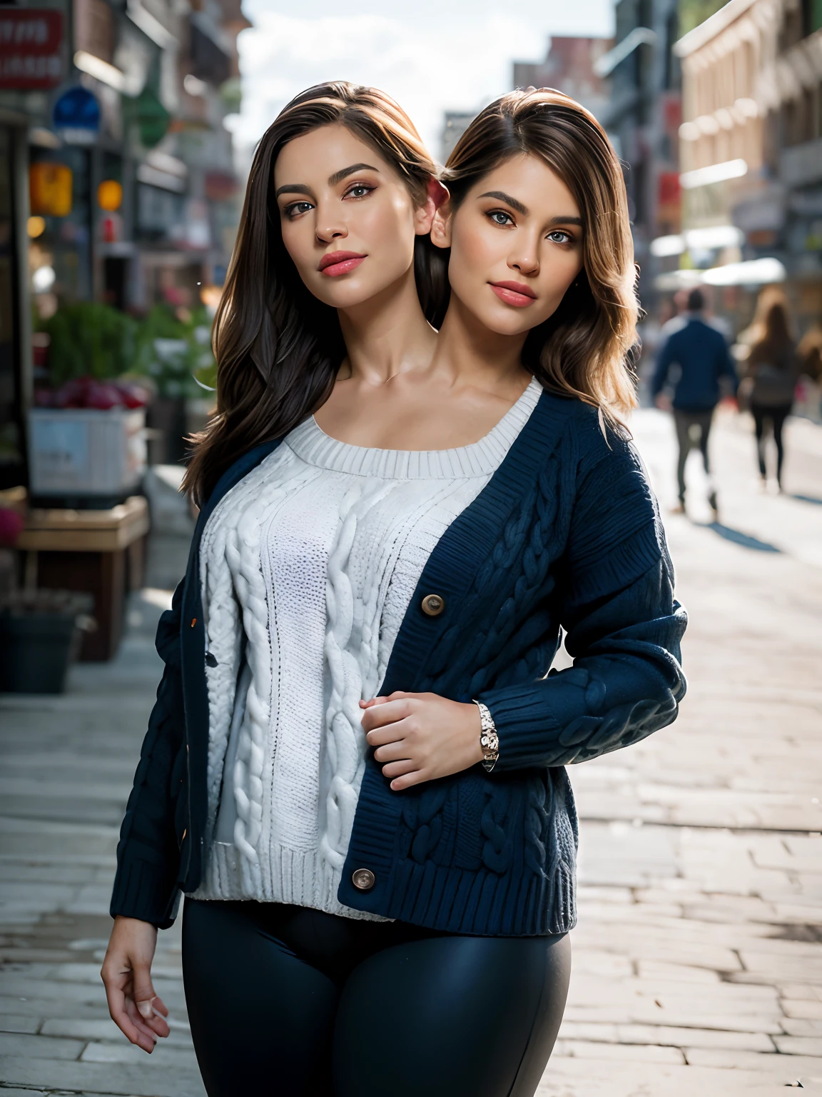 (((2heads))),(masterpiece, best quality:1.4), (modern days), ((thick thighs)), obese,(cowboy shot), 1girl, latina,solo, pov, sfw, (standing:1.1), dynamic pose, (white oversized sweater, knit sweater:1.4), (skinny yoga pants, dark gray yoga pants: 1.4), (((big bulge))),(navy short jacket, denim jacket: 1.4), (long blonde hair with brown roots), long brown hair,bangs, apple-shaped face, pear-shaped body, (wide hips)holding a book with the word "twins" printed on it, elegant face, beautiful face, high detail face, high detail skin, skin pores, subsurface scattering, (blue eye details), (hazel eyes detail),realistic pupils, droopy breasts, loving smile, looking at the audience, full blush, plump lips, , centered, busy city street background, sunny day, wind, detailed background, depth of field, Atmospheric perspective, volumetric lighting, clear focus, absurd, realistic proportions, good anatomy, (realistic, hyper-realistic:1.4), 16k HDR,